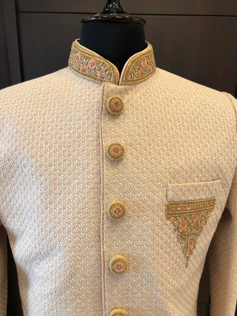 Off White Majestic Embroidered Men's Handwork Sherwani With Churidar Pyjama Set