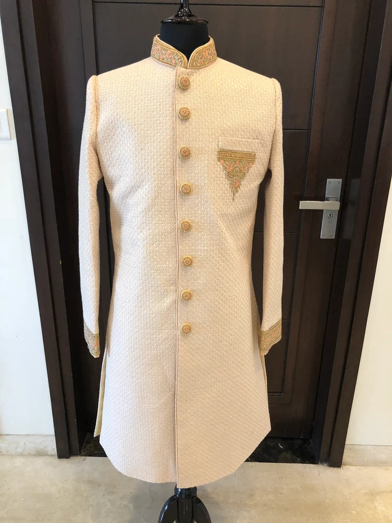 Off White Majestic Embroidered Men's Handwork Sherwani With Churidar Pyjama Set