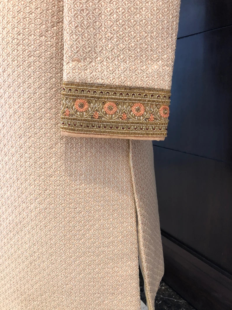 Off White Majestic Embroidered Men's Handwork Sherwani With Churidar Pyjama Set