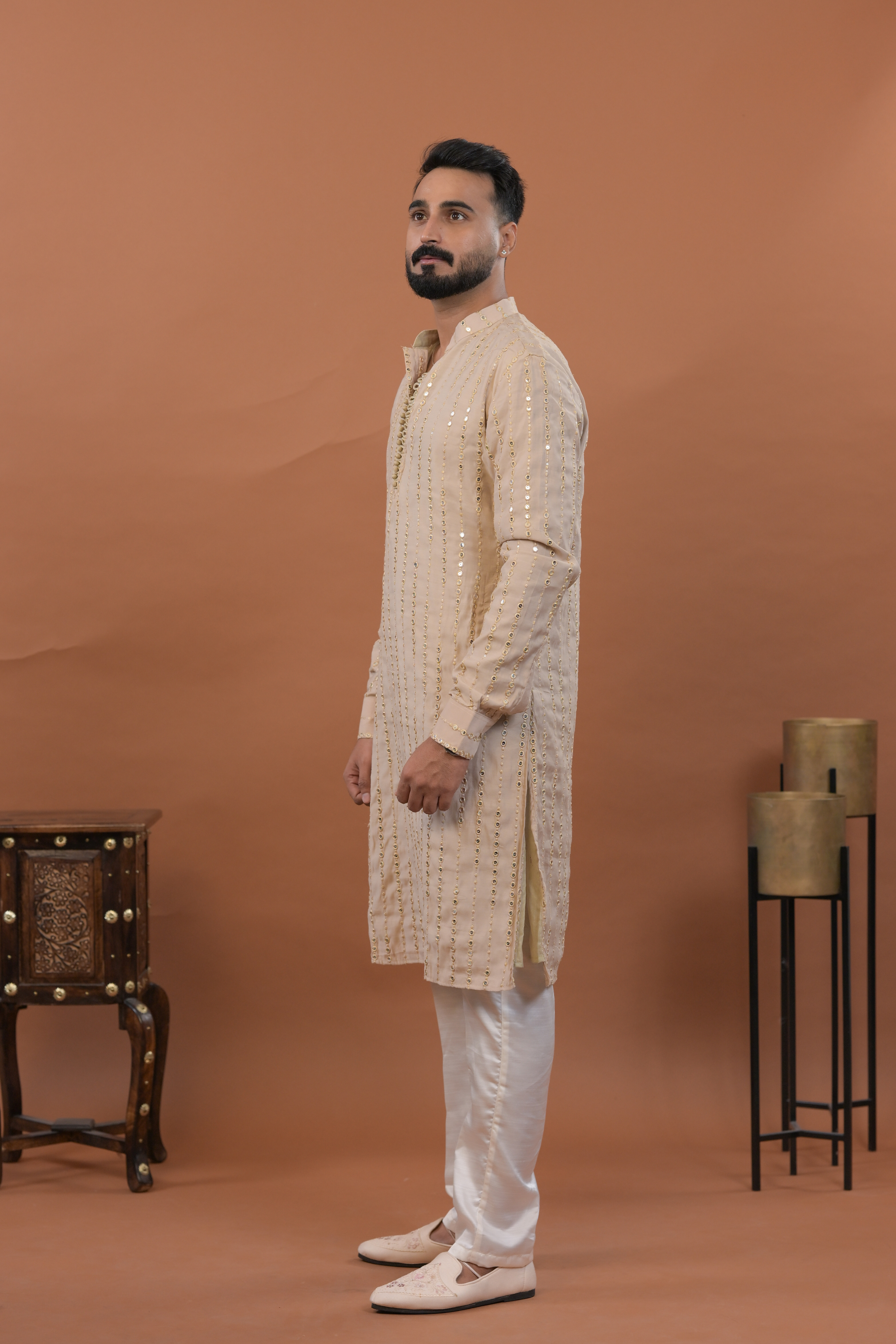 Beige Handwork Mens Kurta & Pants Set | Festive Outfit for men | Groom or Groomsmen outfit