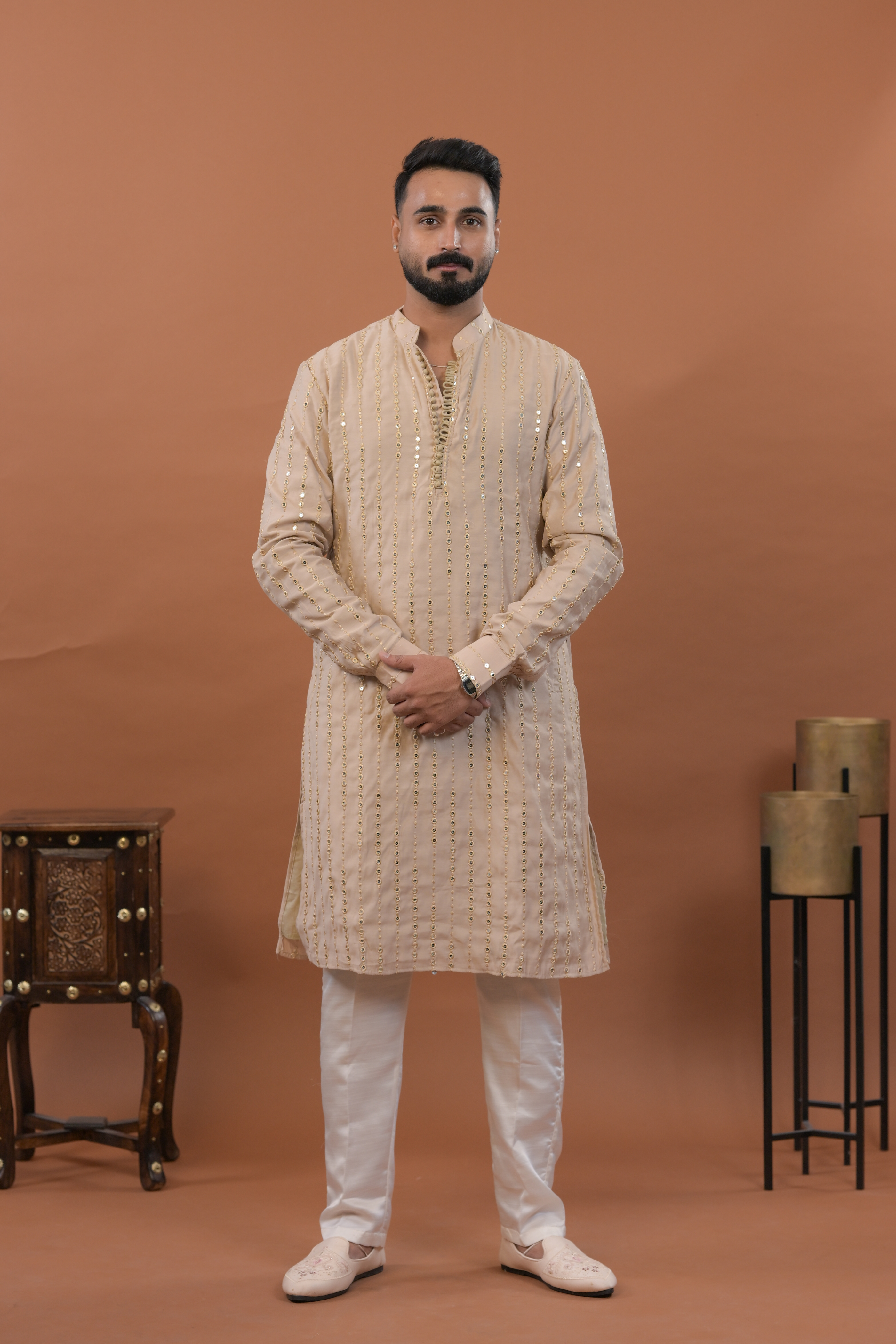 Beige Handwork Mens Kurta & Pants Set | Festive Outfit for men | Groom or Groomsmen outfit