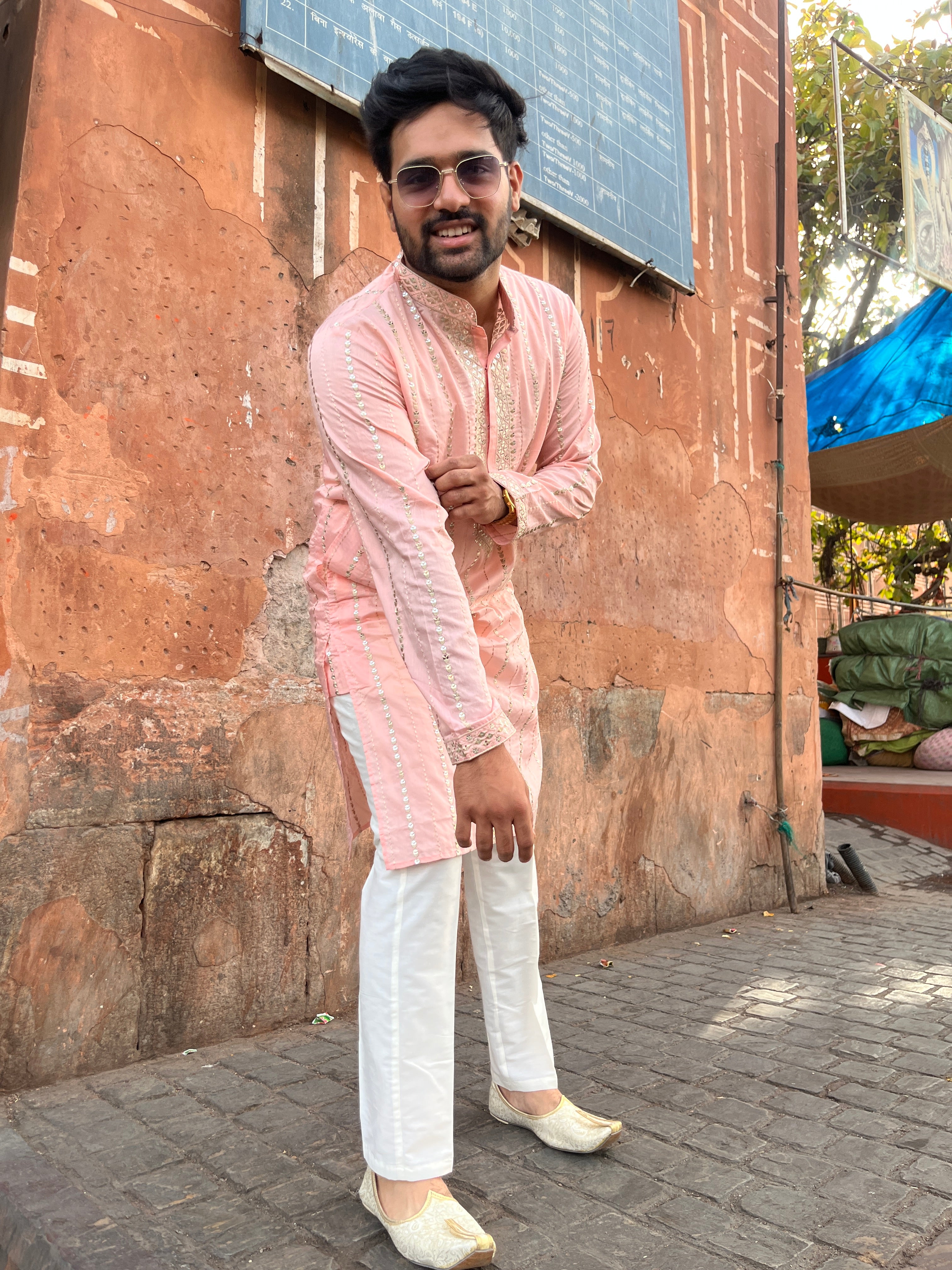 Pink Mirror Handwork Thread Mens Kurta & Pants Set | Festive Outfit for men