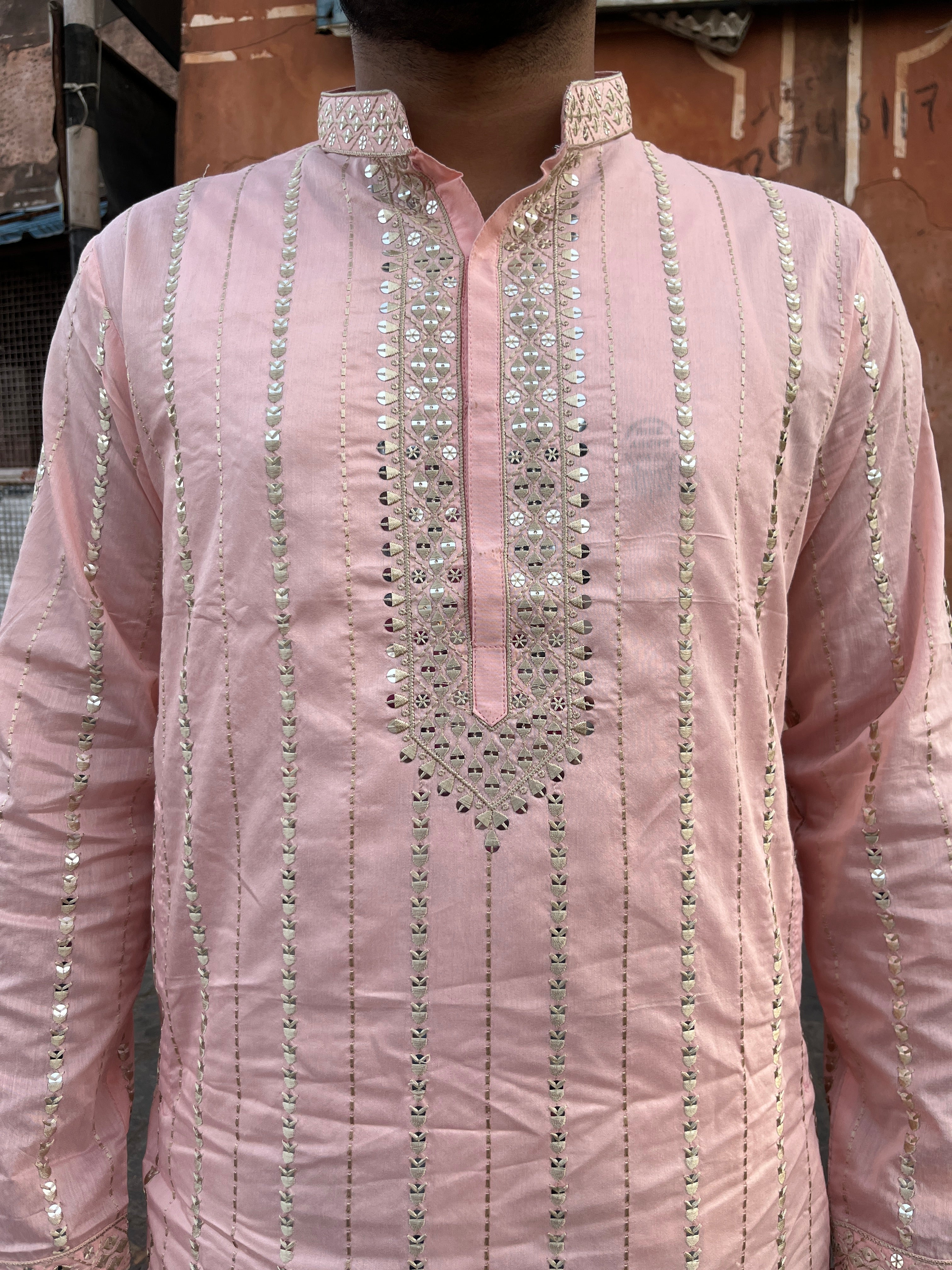 Pink Mirror Handwork Thread Mens Kurta & Pants Set | Festive Outfit for men