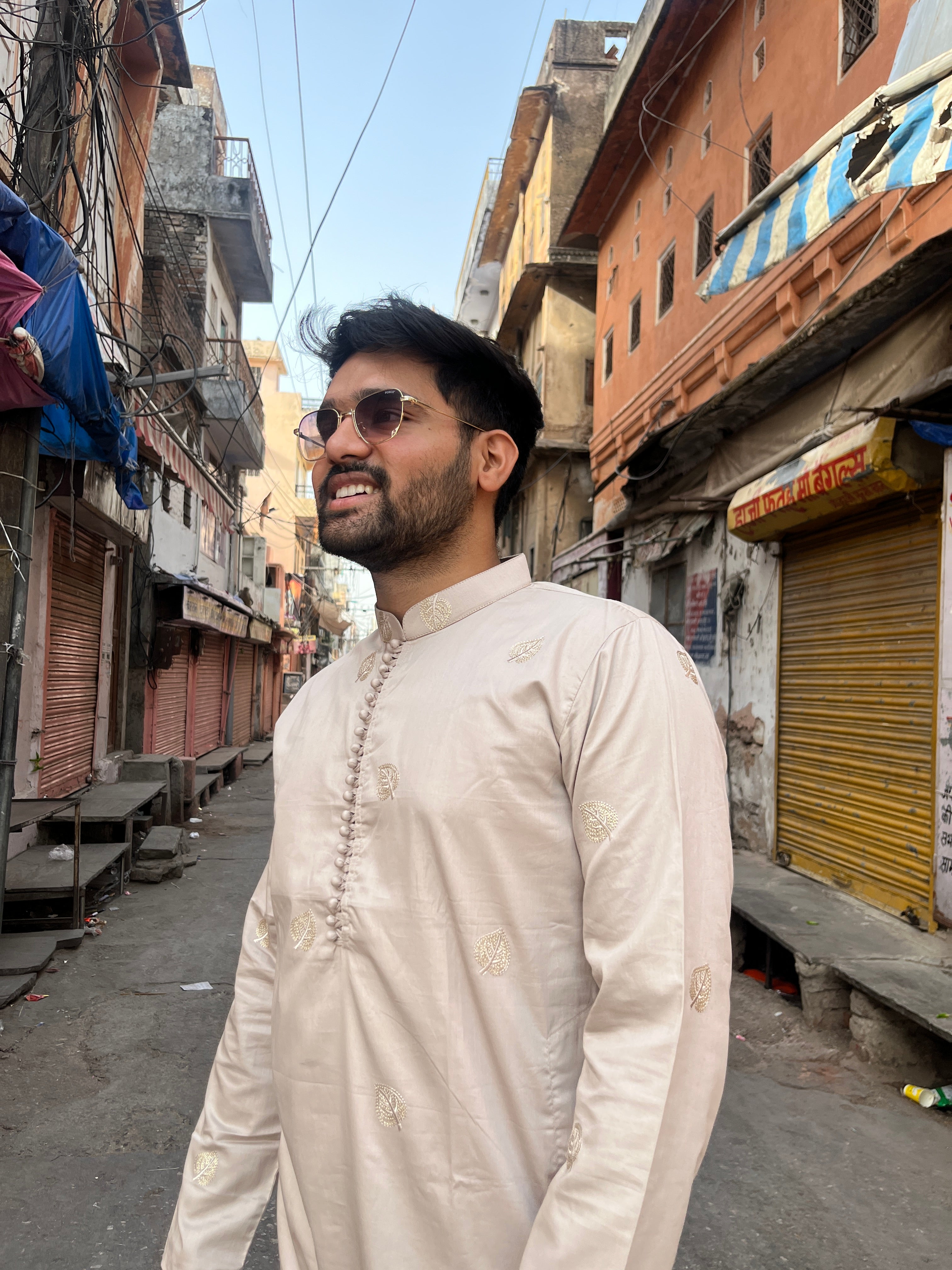 Beige Handwork Thread Mens Kurta & Pants Set | Groom or Groomsmen kurta pyjama | Festive outfit for men