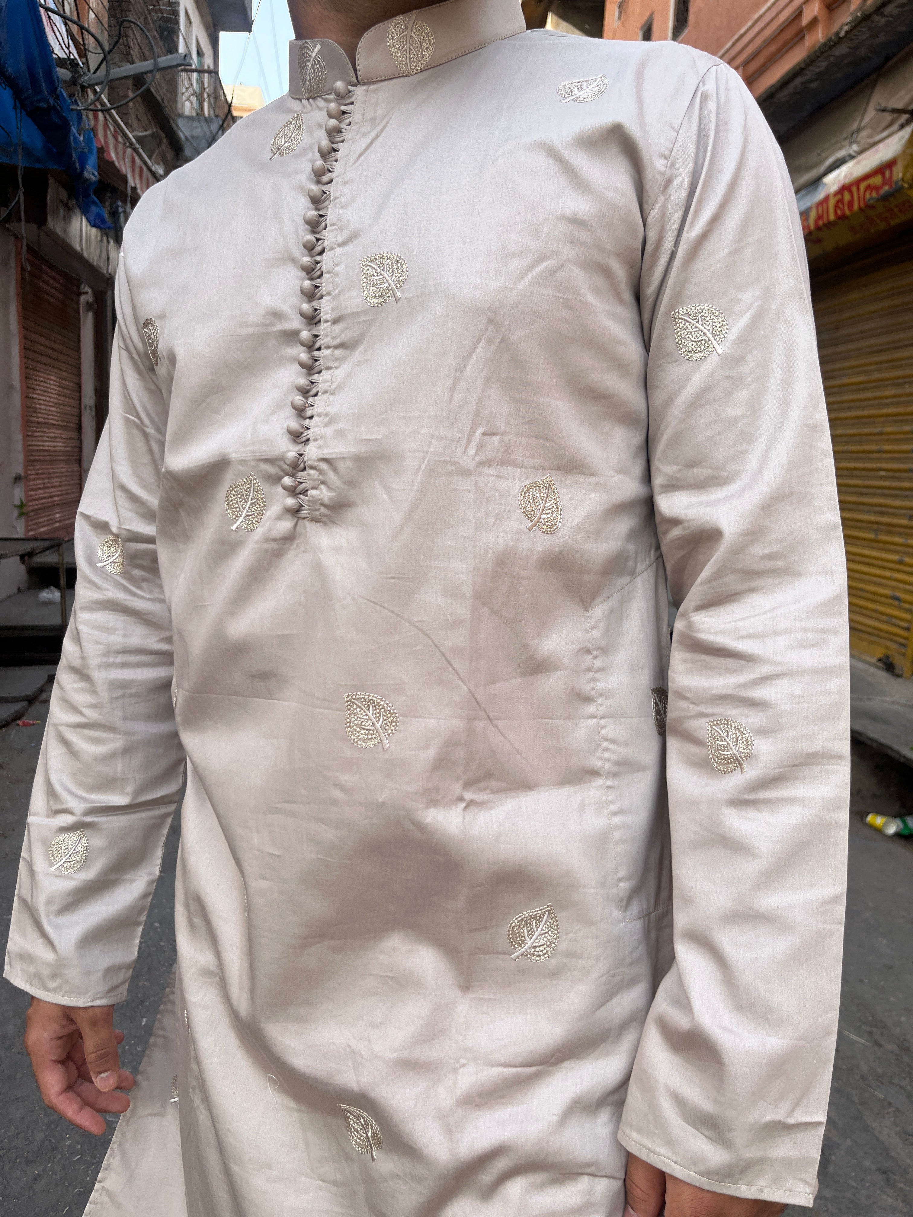 Beige Handwork Thread Mens Kurta & Pants Set | Groom or Groomsmen kurta pyjama | Festive outfit for men