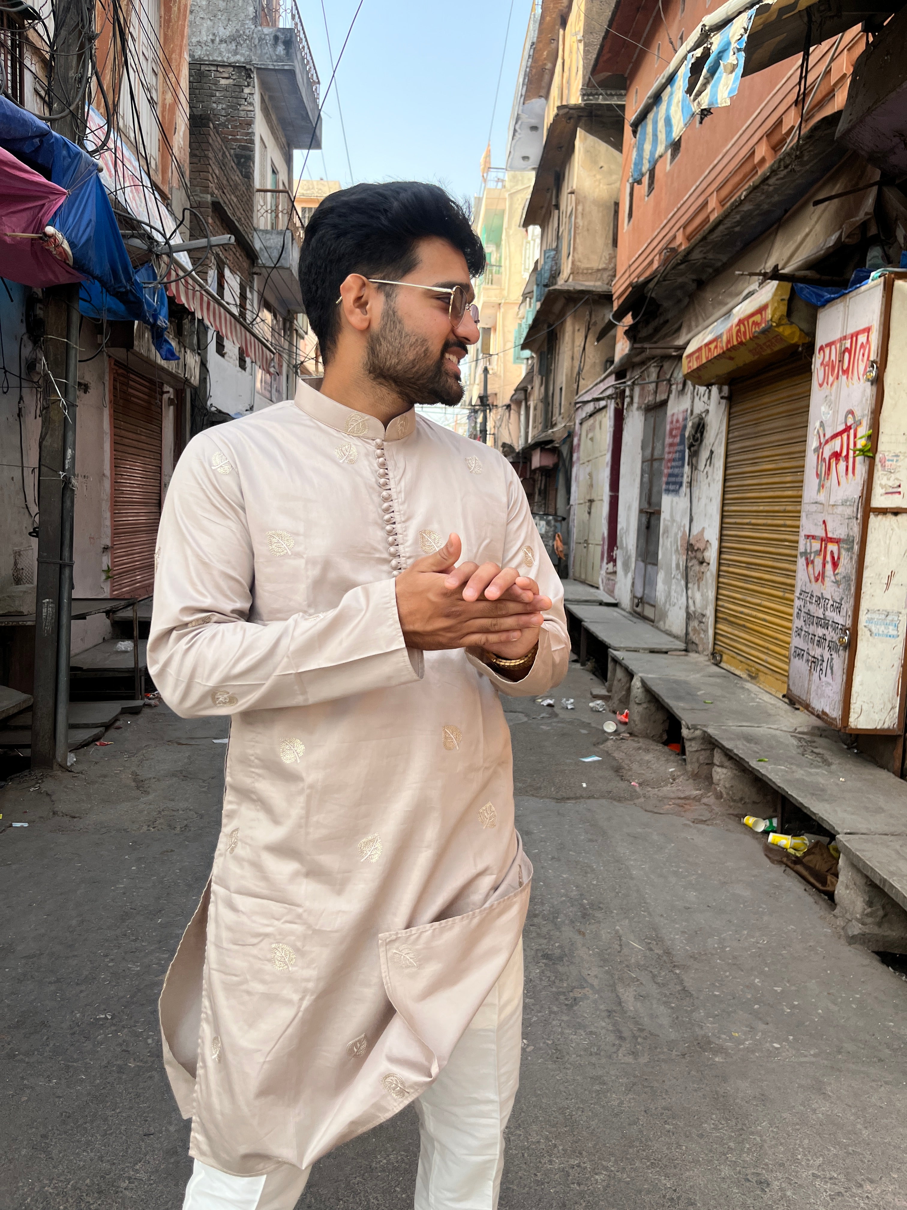 Beige Handwork Thread Mens Kurta & Pants Set | Groom or Groomsmen kurta pyjama | Festive outfit for men