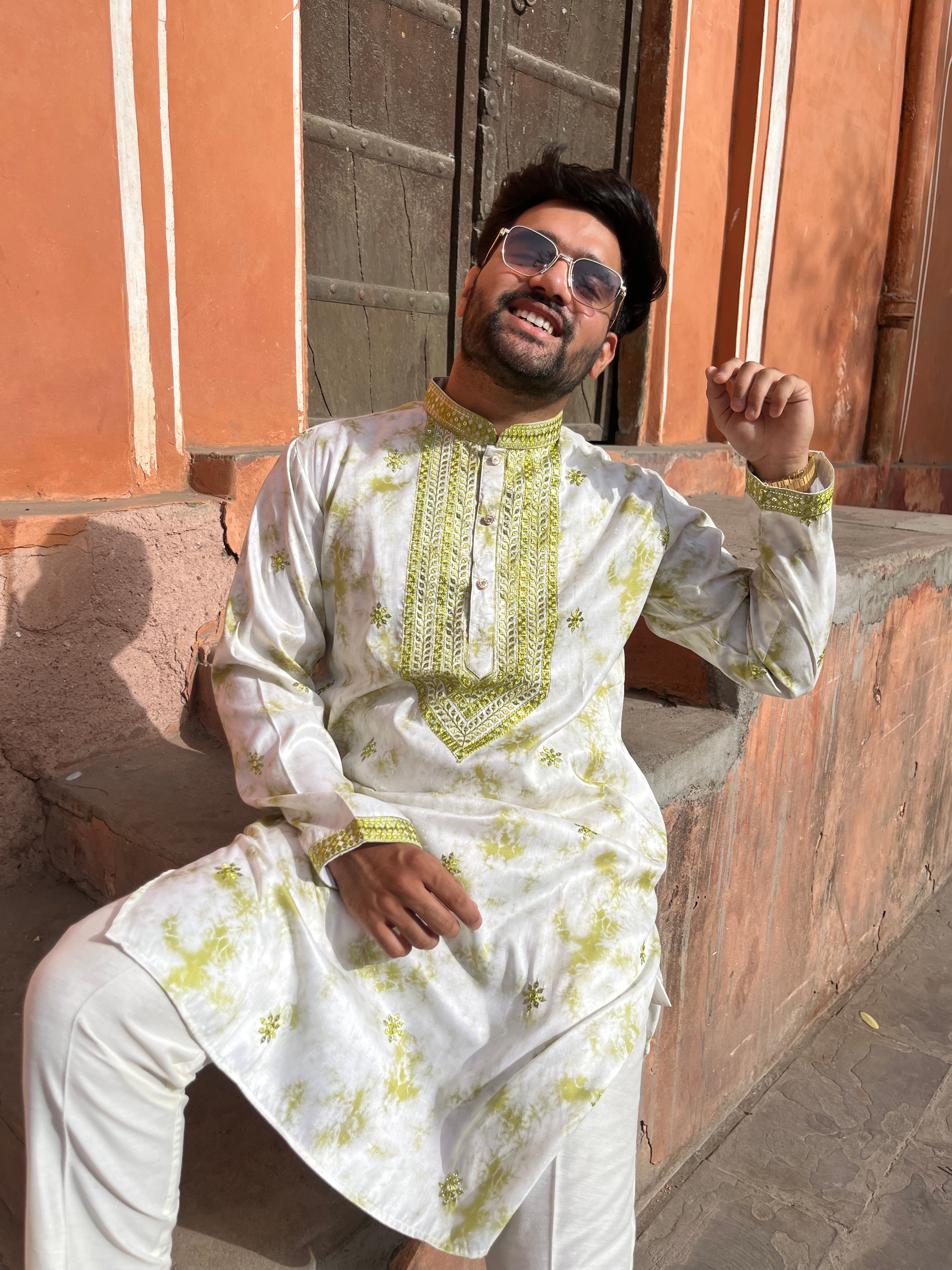 Men's Green Silk sequence mirror Kurta & pants Set