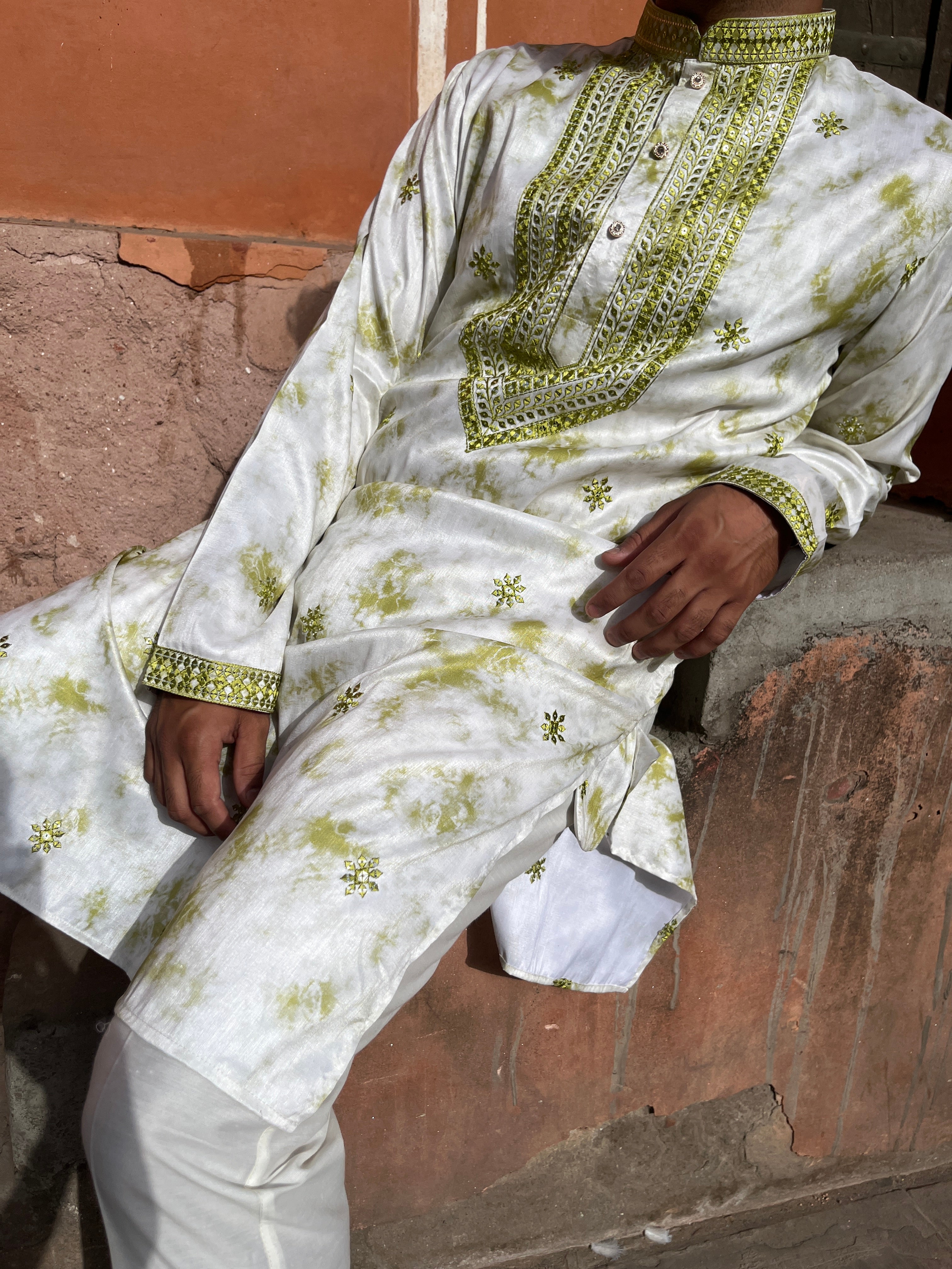 Men's Green Silk sequence mirror Kurta & pants Set