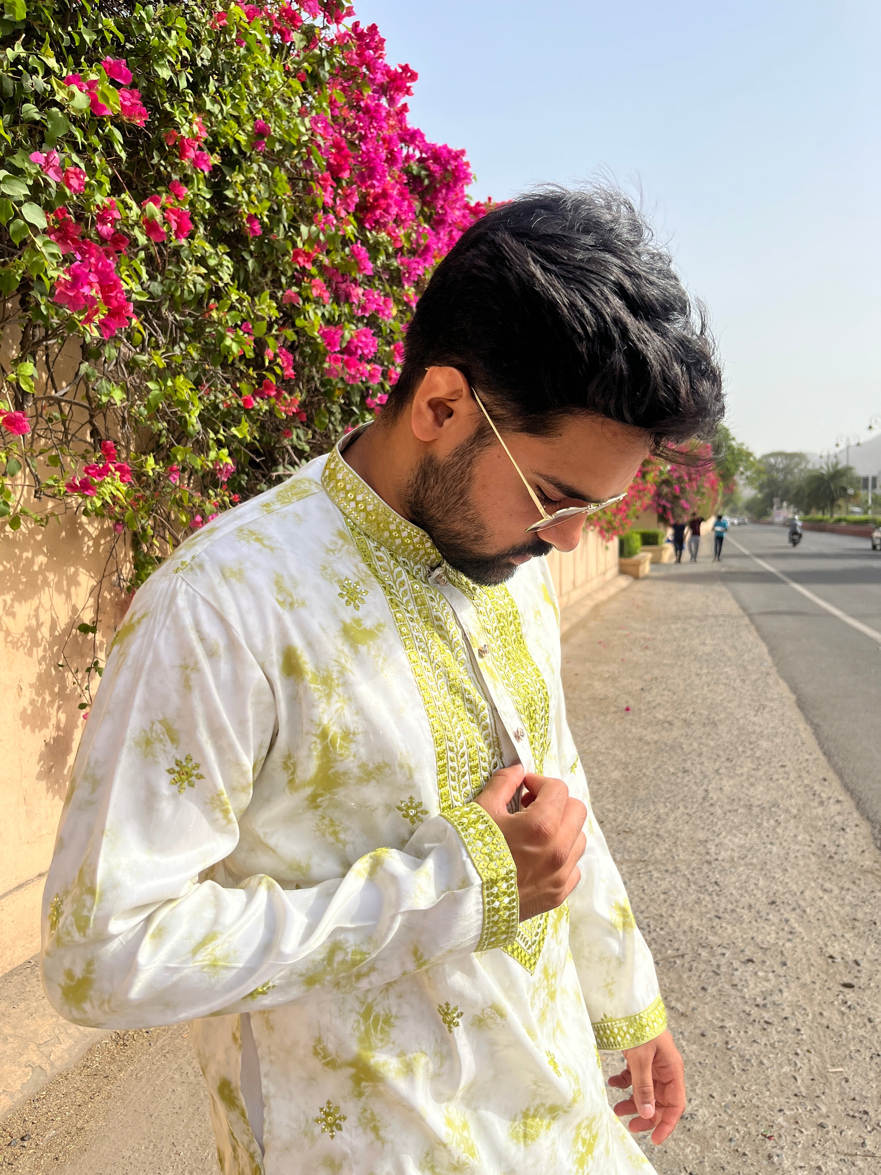 Men's Green Silk sequence mirror Kurta & pants Set