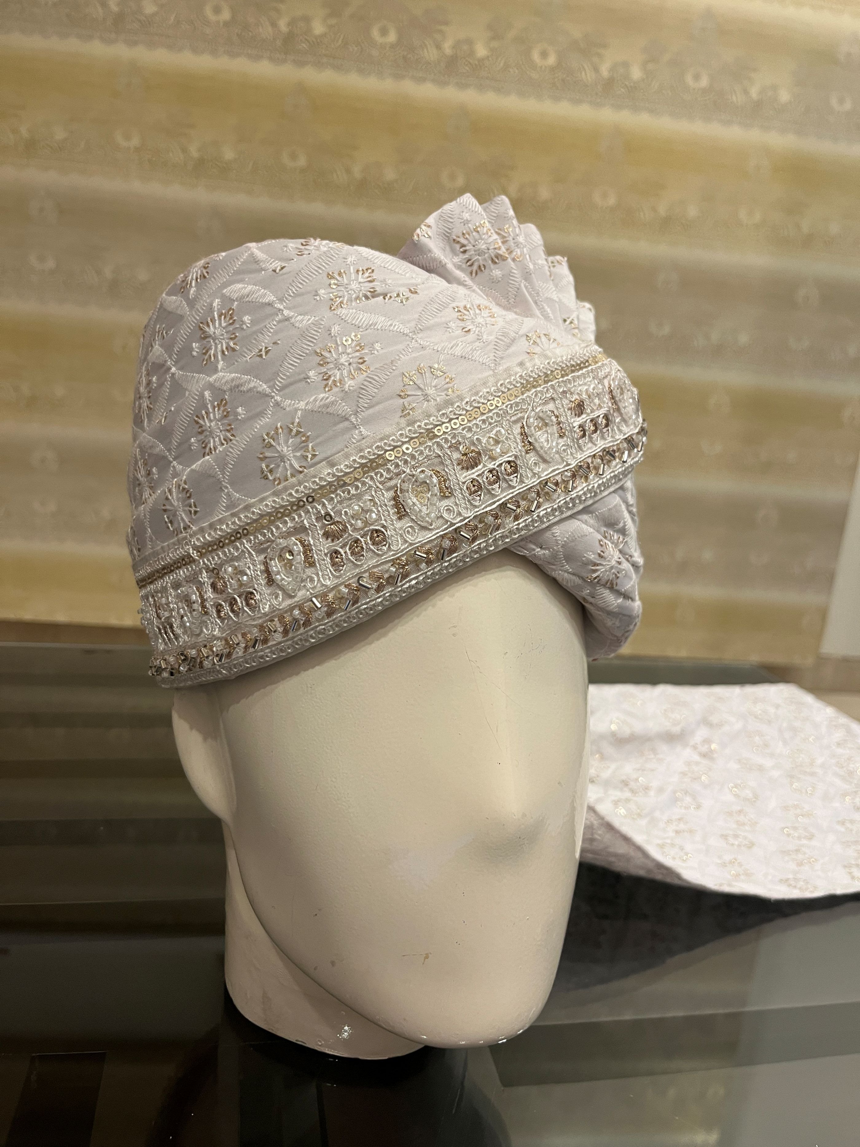 White Chikankari Stitched Handwork Border Safa/turban/pagri/pheta   Pheta (Turban Safa) For Men For Wedding/marriage And Traditional Function