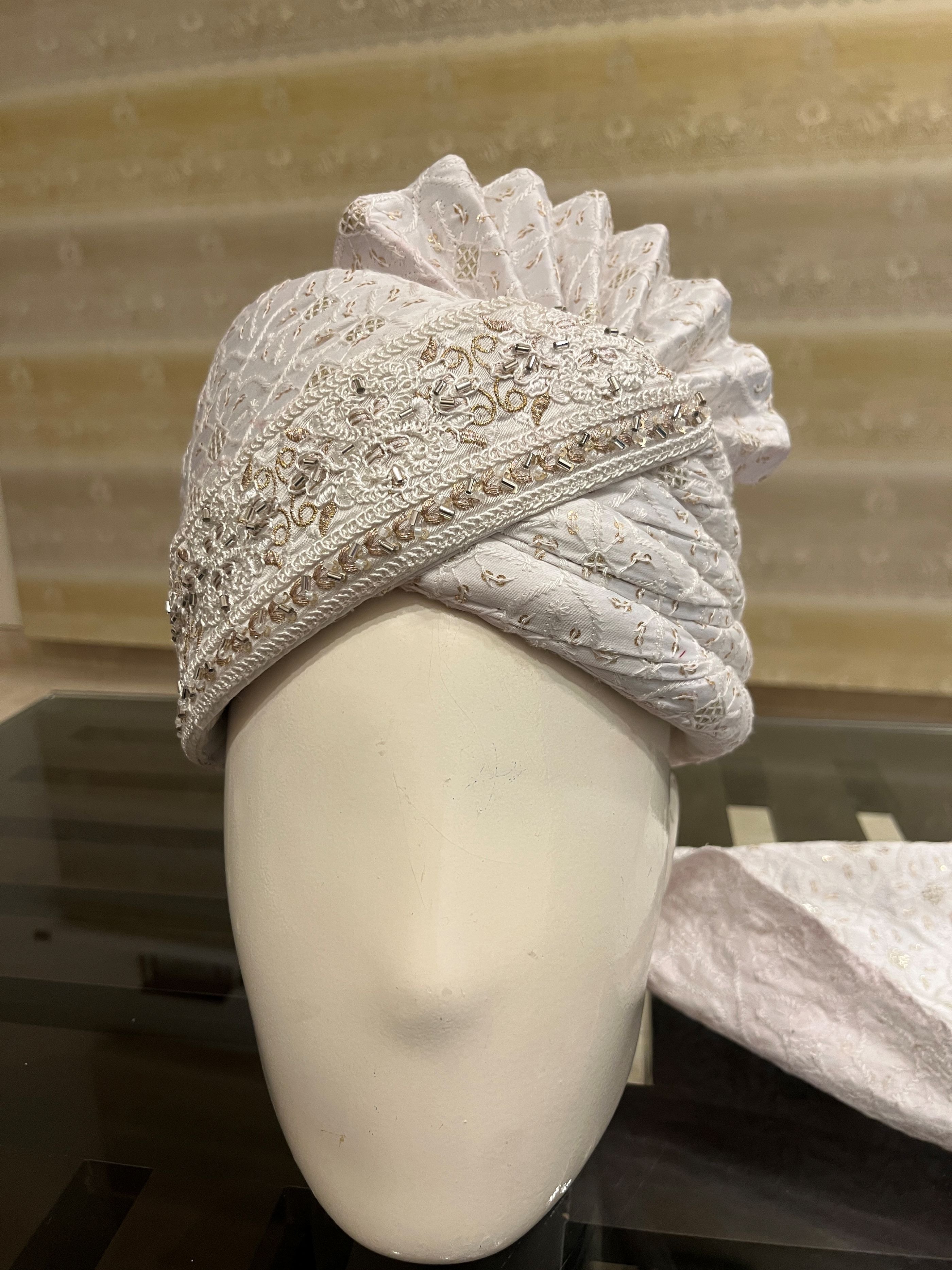 White Chikankari Stitched Handwork Border Safa/turban/pagri/pheta   Pheta (Turban Safa) For Men For Wedding/marriage And Traditional Function
