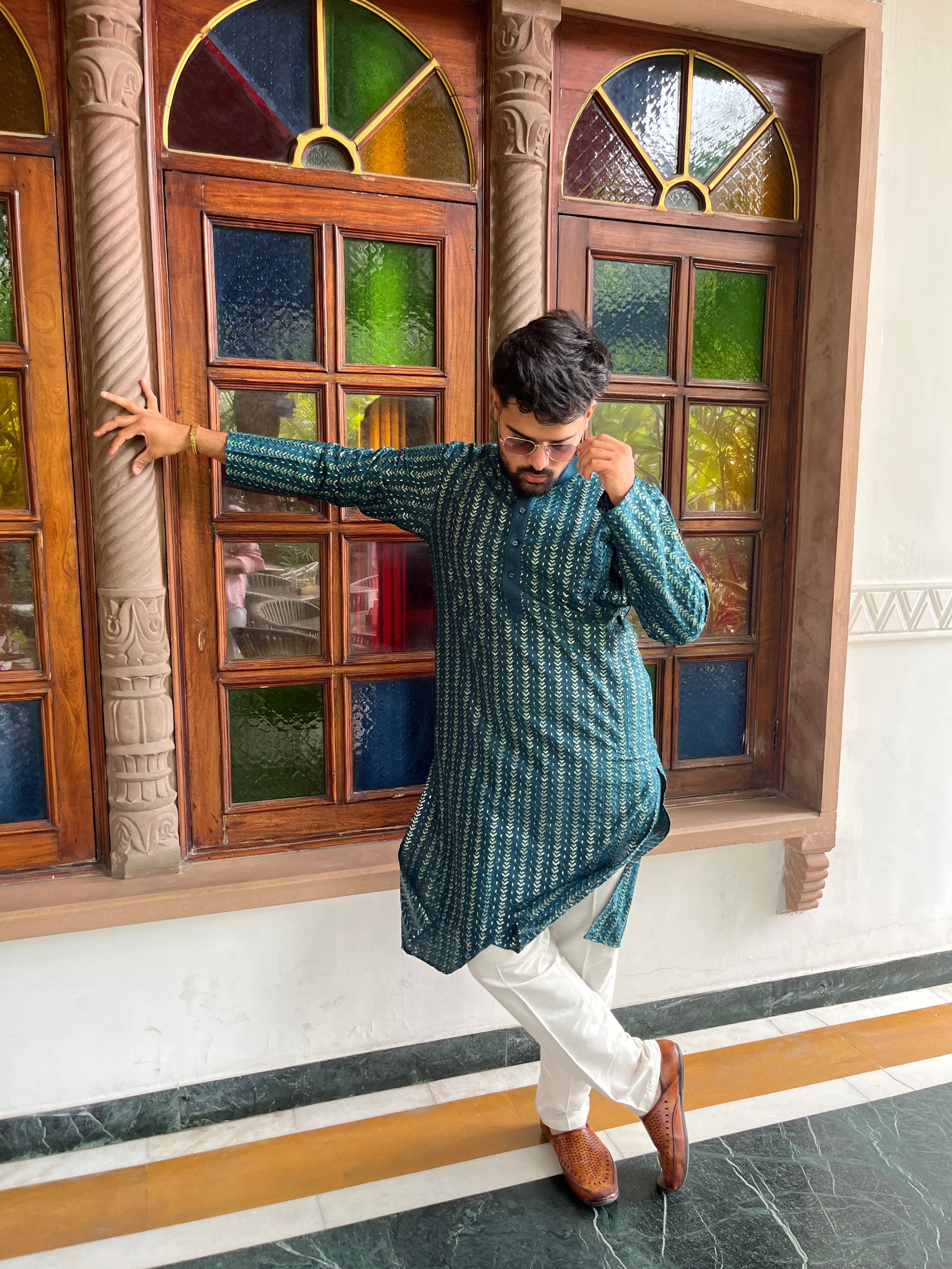 Men's Silk Threadwork Kurta & pants Set | groom or groomsmen outfit | kurta for festival and shaadi occasions
