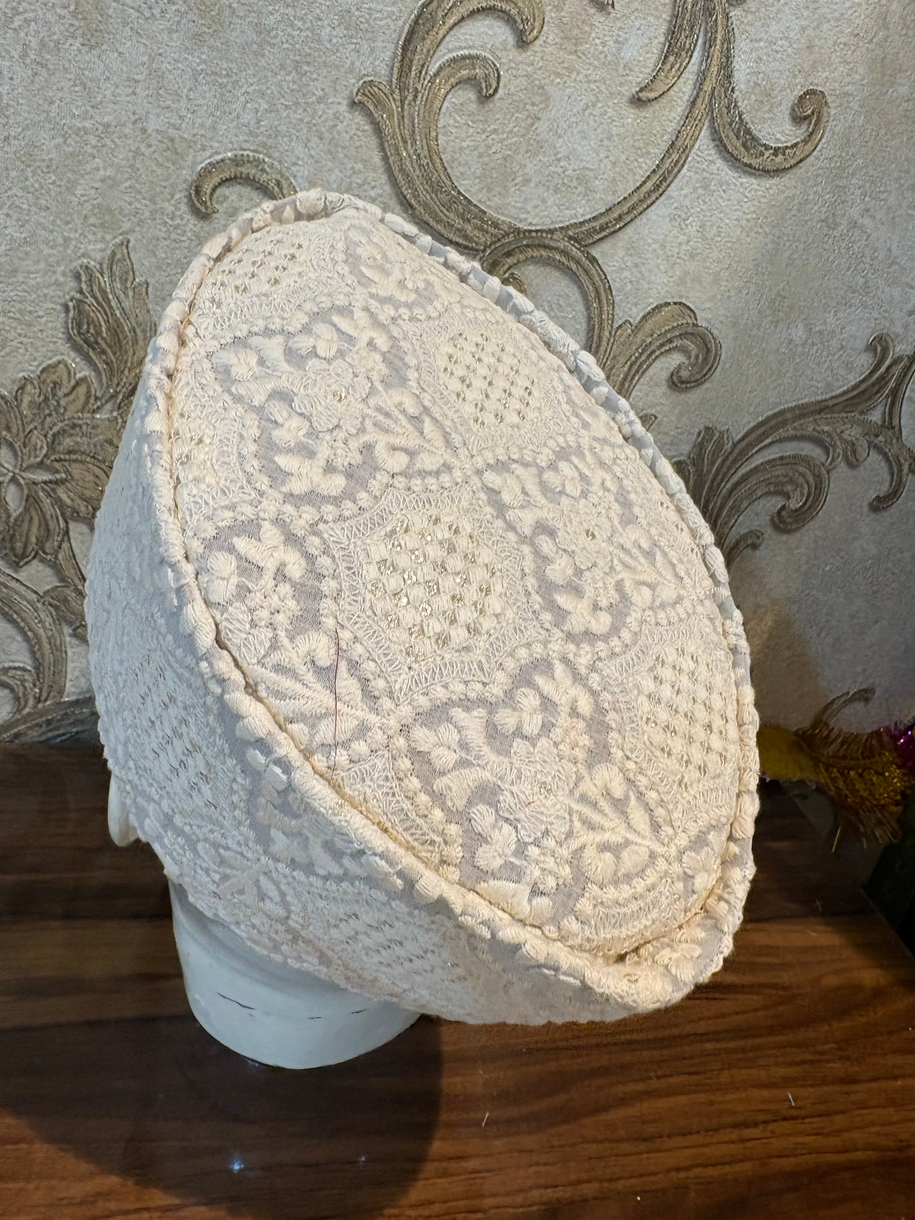 Premium White Peshawari / Rampuri Topi (Kufi Cap) – Chikankari Weaving Silk Muslim Prayer Hat for Namaz & Eid – Elegant Self Design – Sizes Up to 24 Inch