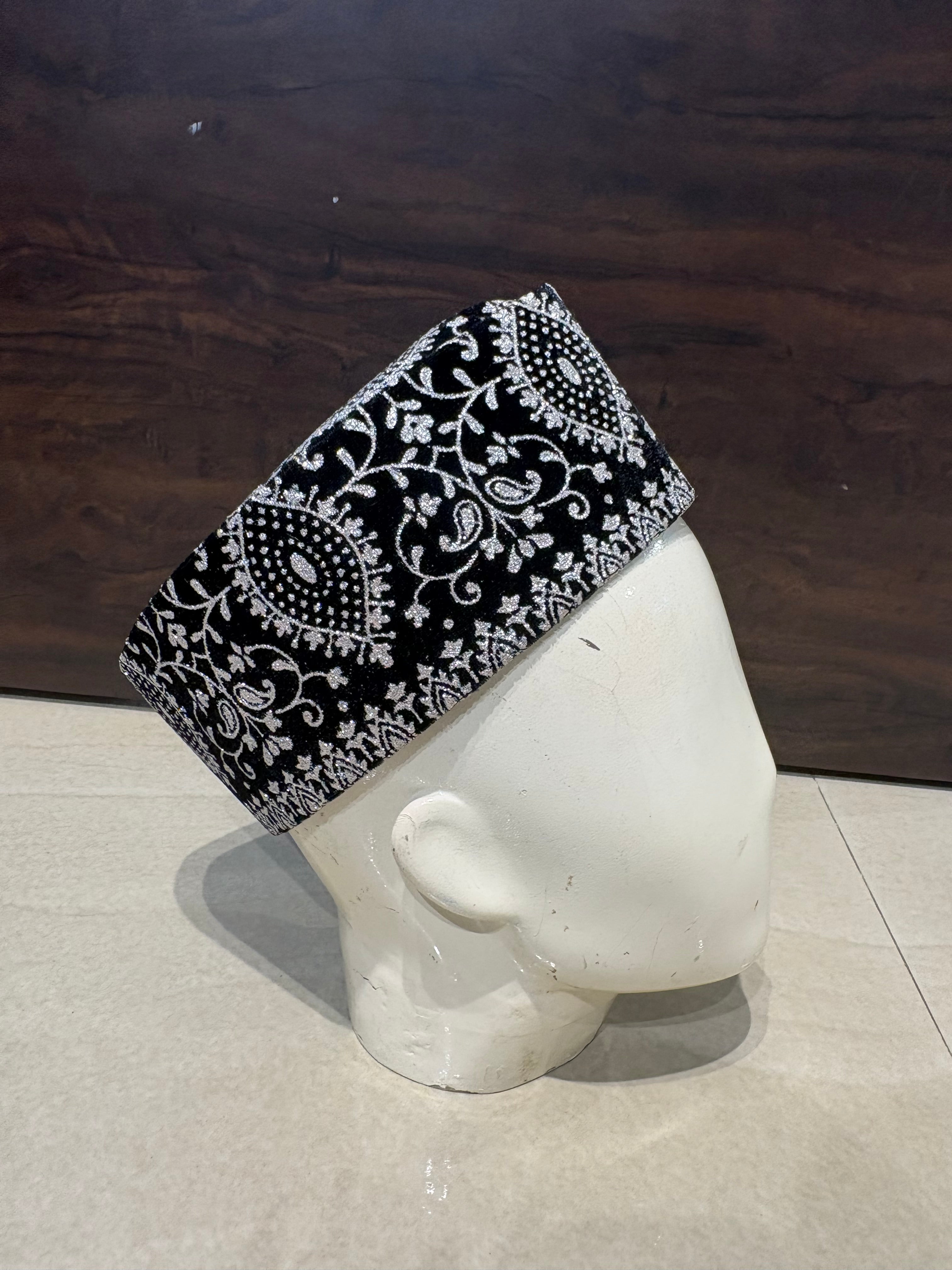 Premium Black velvet Peshawari / Rampuri Topi (Kufi Cap) – Muslim Prayer Hat for Eid & Nikah – Up to 24” Plus Size