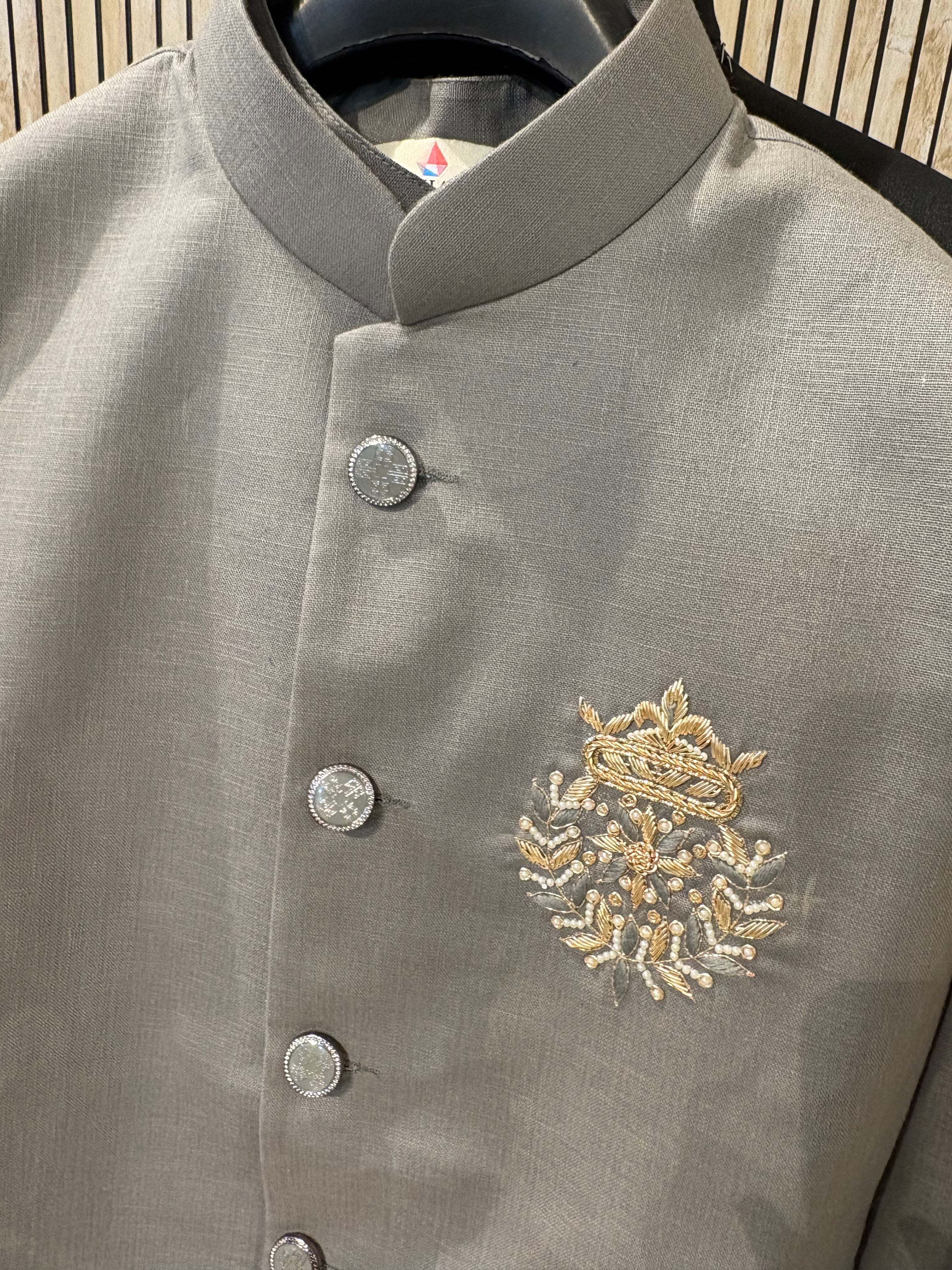 Handwork Linen Nehru Jacket set For Men | Modi Jacket 3 piece set | Indian wedding wear outfits | waistcoat | Shirt pant with jacket