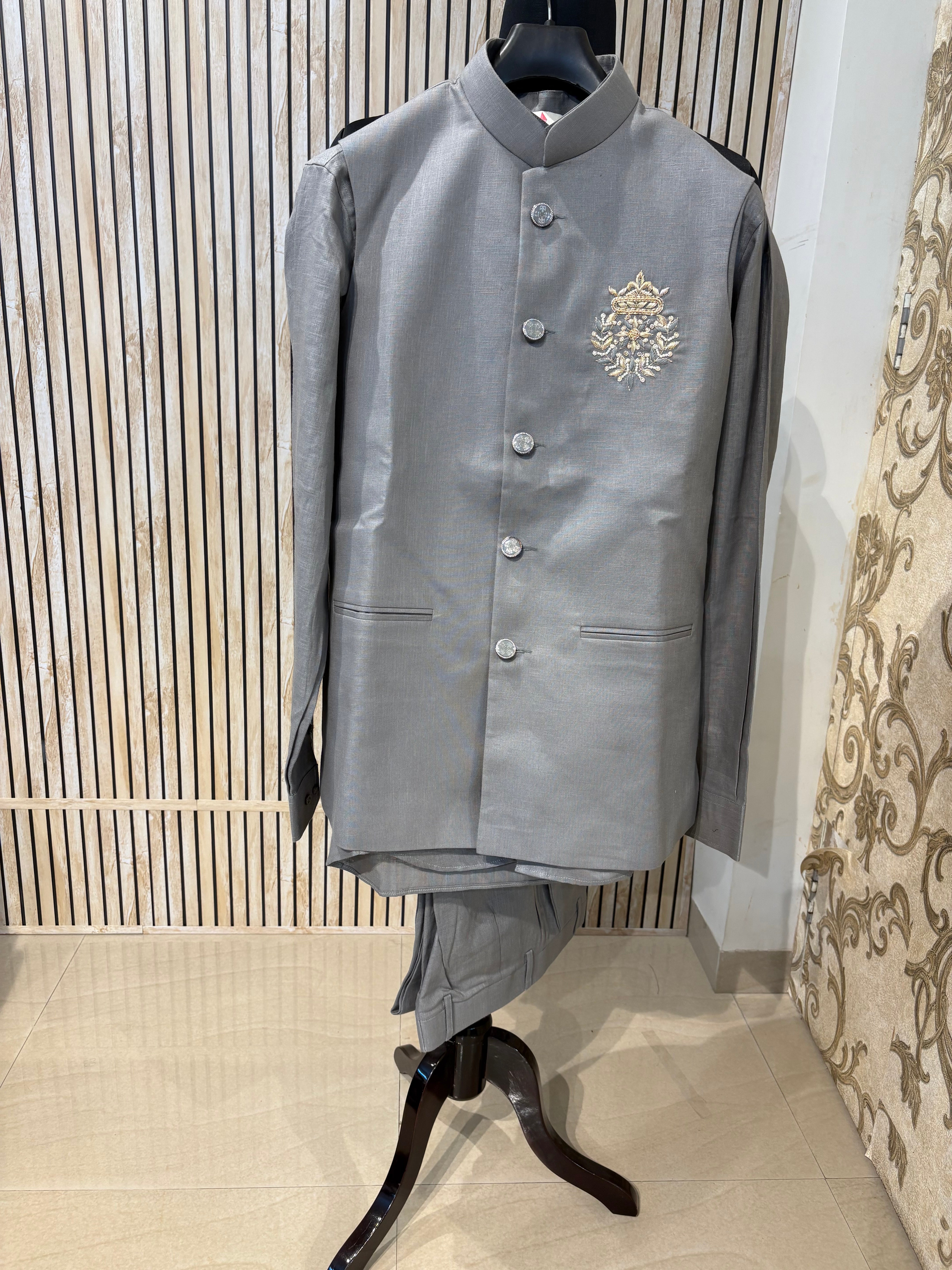 Handwork Linen Nehru Jacket set For Men | Modi Jacket 3 piece set | Indian wedding wear outfits | waistcoat | Shirt pant with jacket