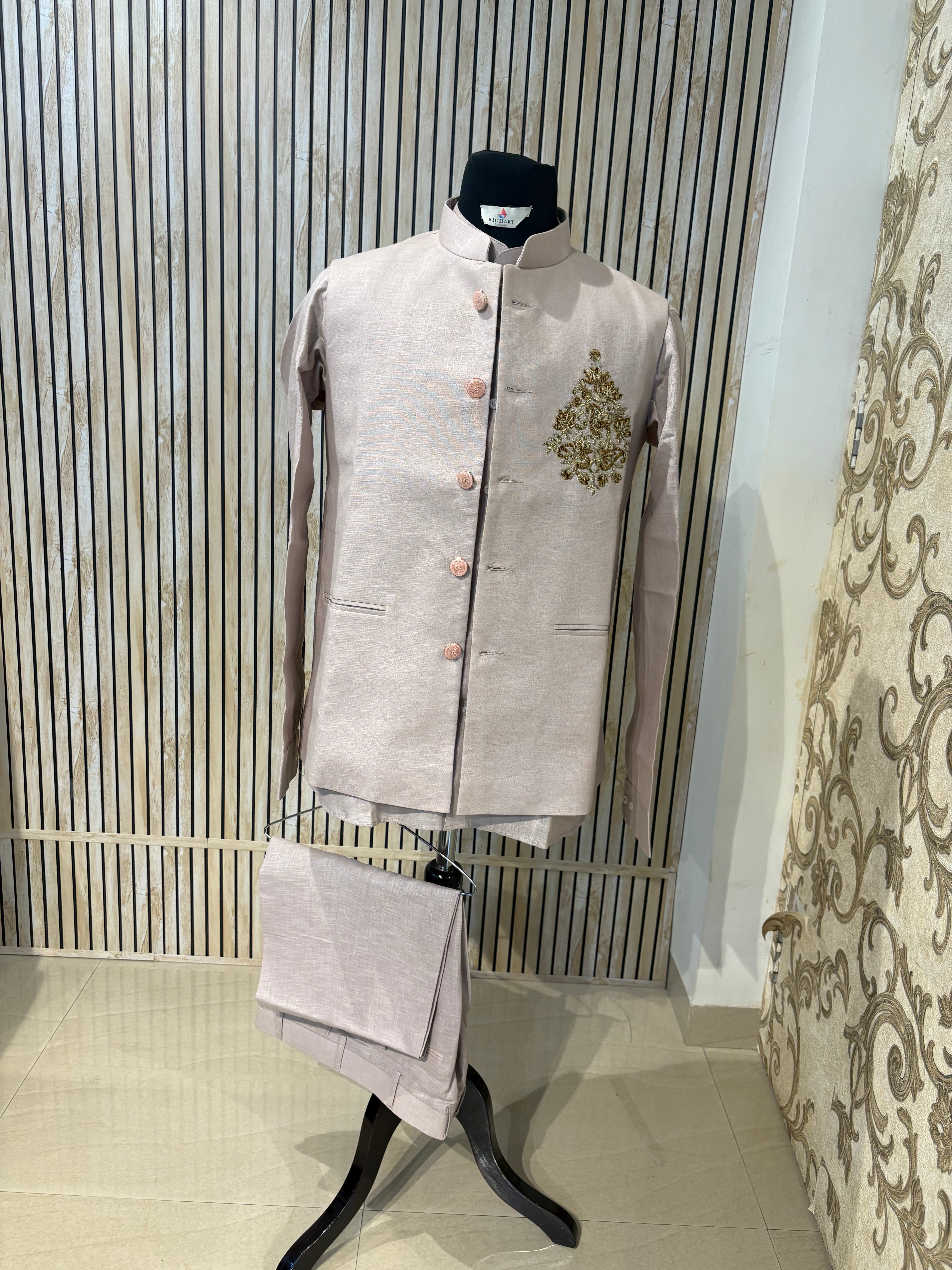 Handwork Linen Nehru Jacket set For Men | Modi Jacket 3 piece set | Indian wedding wear outfits | waistcoat | Shirt pant with jacket