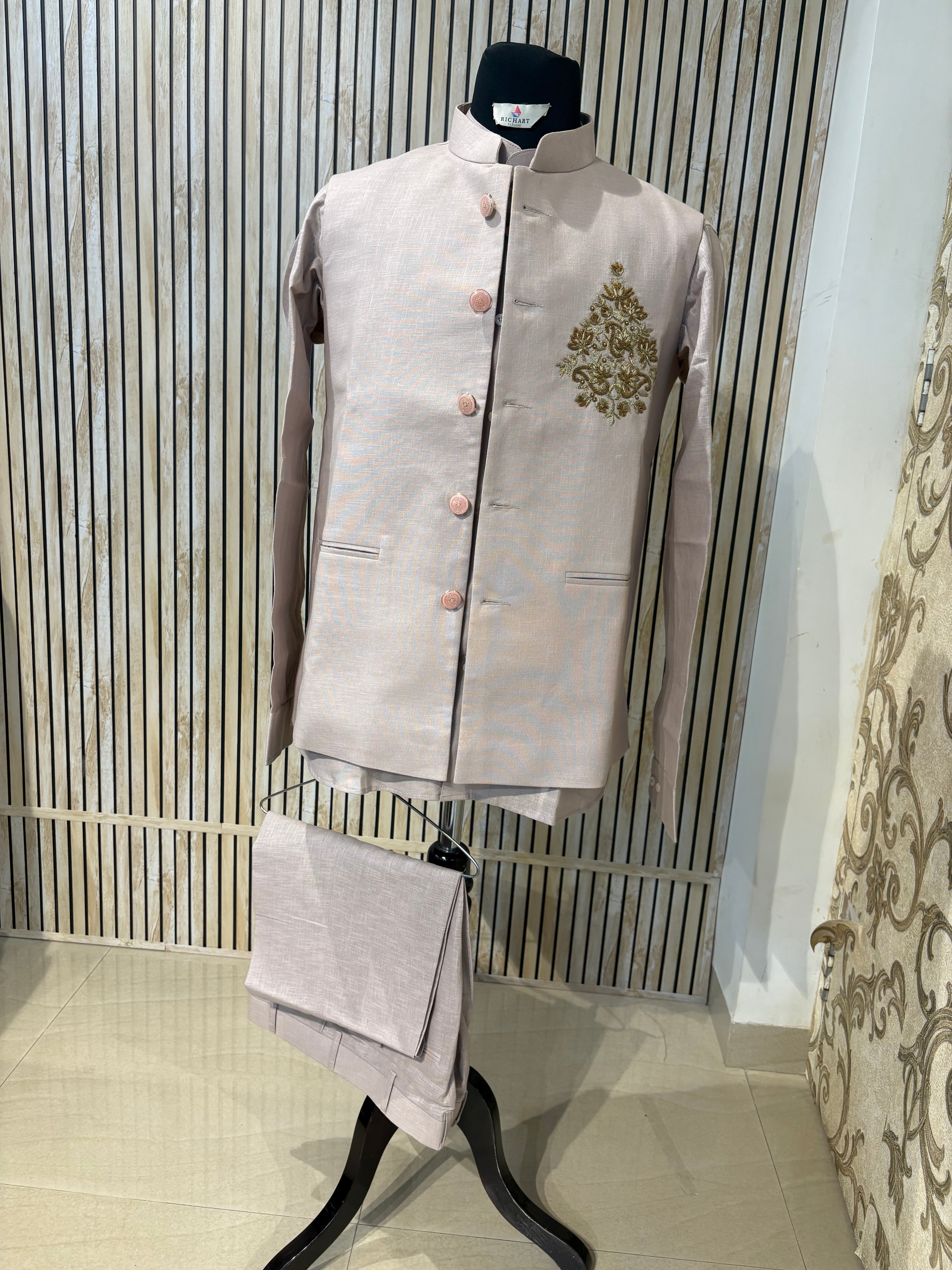 Handwork Linen Nehru Jacket set For Men | Modi Jacket 3 piece set | Indian wedding wear outfits | waistcoat | Shirt pant with jacket