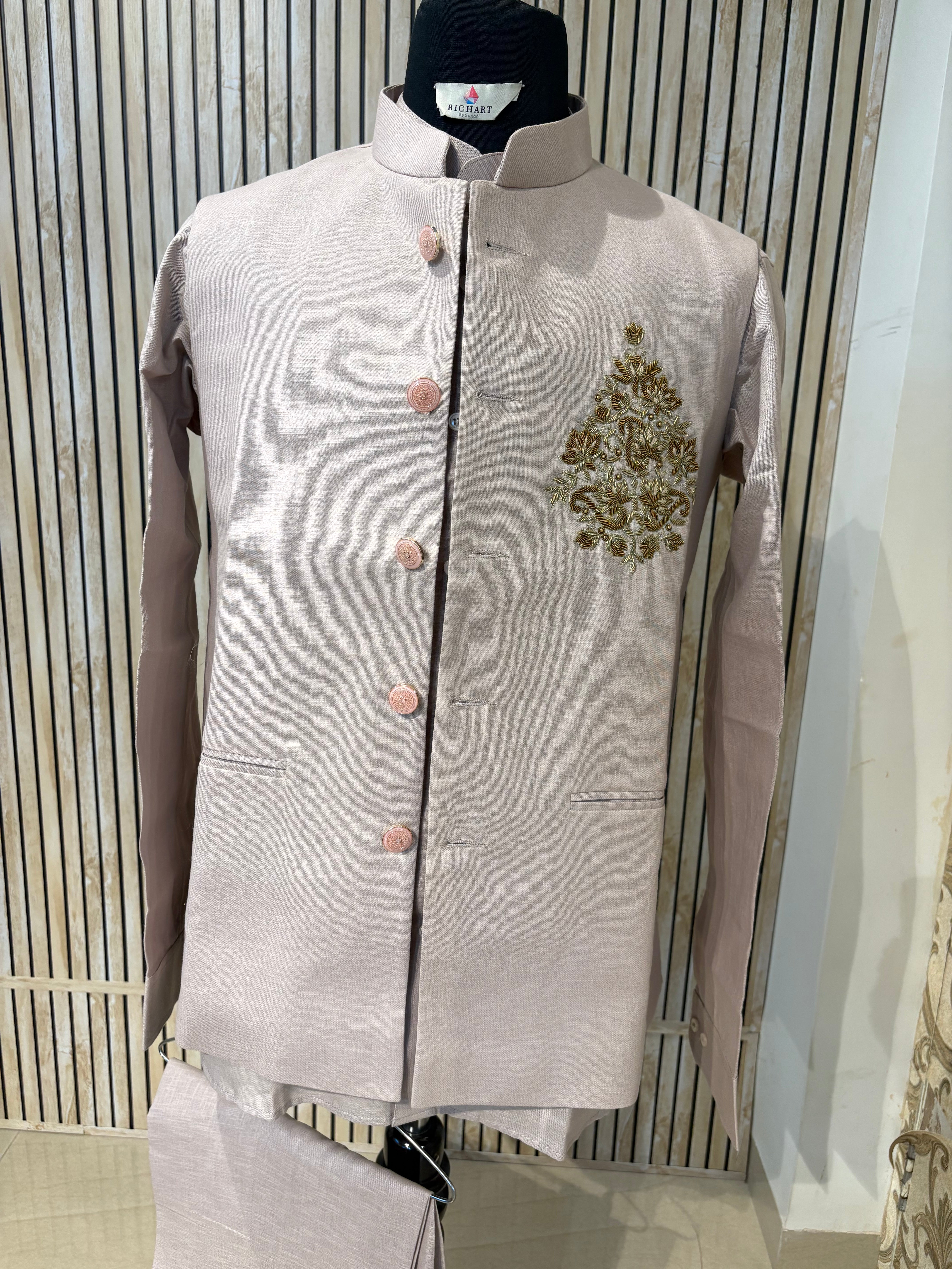 Handwork Linen Nehru Jacket set For Men | Modi Jacket 3 piece set | Indian wedding wear outfits | waistcoat | Shirt pant with jacket