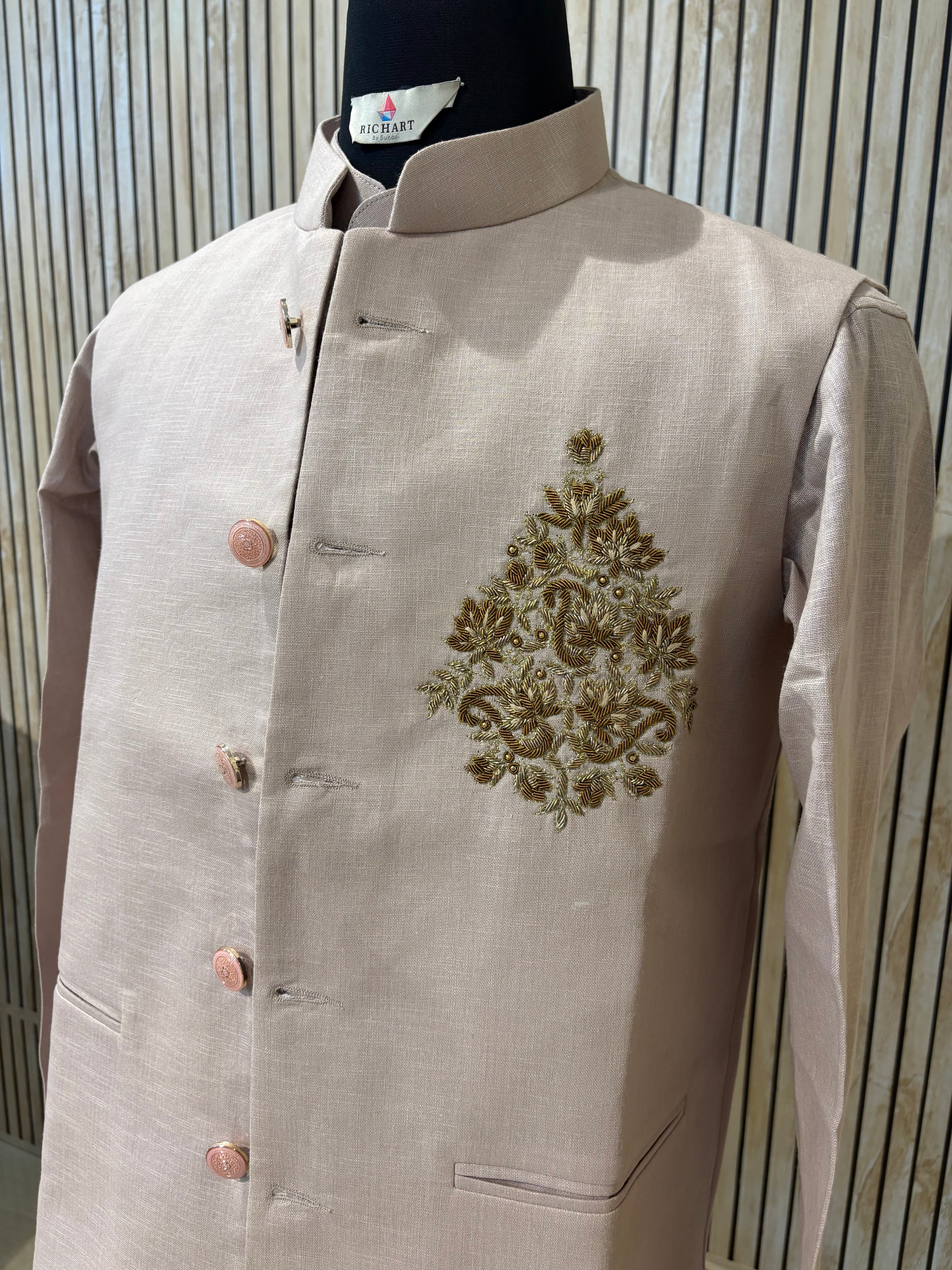 Handwork Linen Nehru Jacket set For Men | Modi Jacket 3 piece set | Indian wedding wear outfits | waistcoat | Shirt pant with jacket
