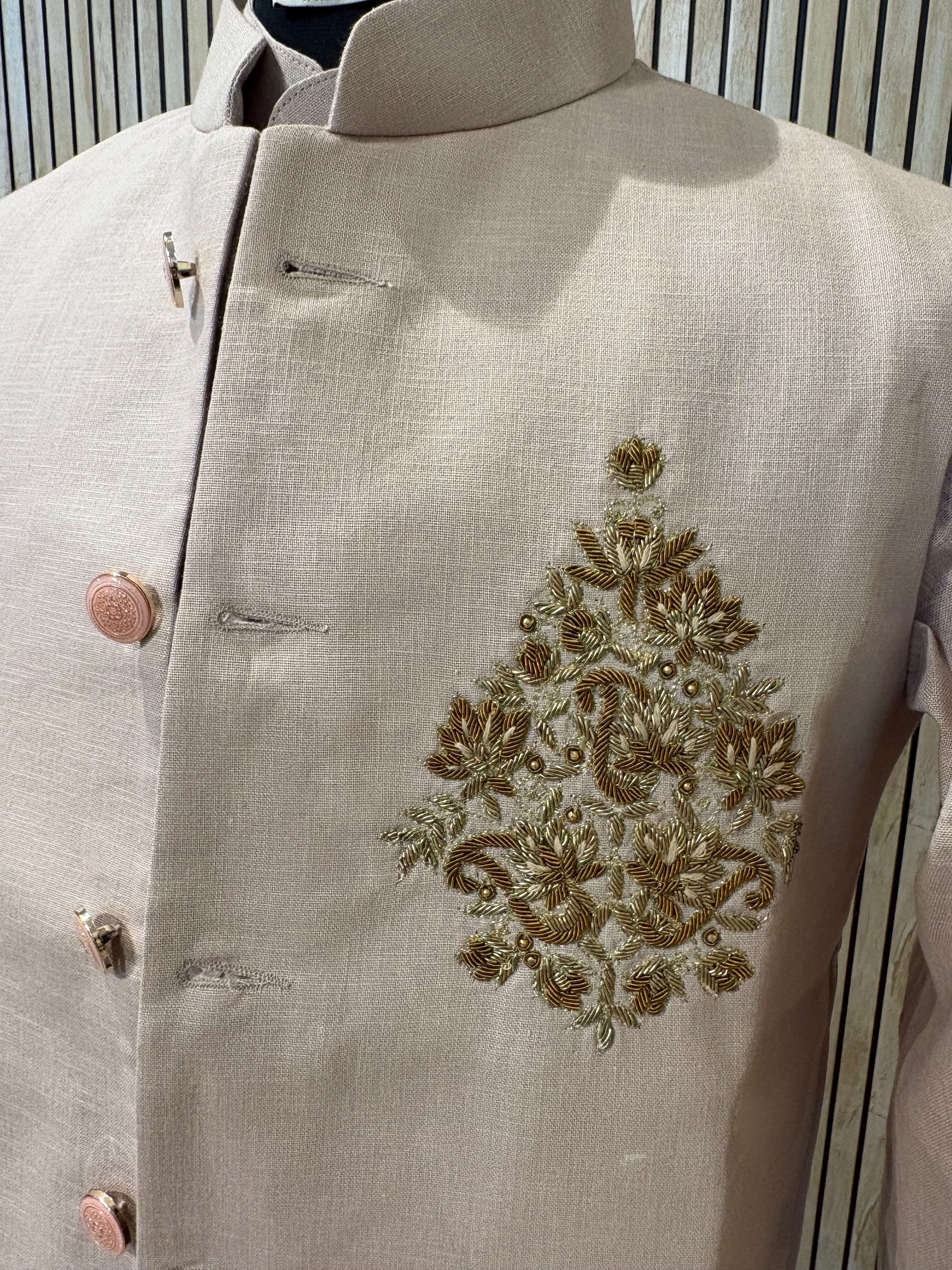 Handwork Linen Nehru Jacket set For Men | Modi Jacket 3 piece set | Indian wedding wear outfits | waistcoat | Shirt pant with jacket