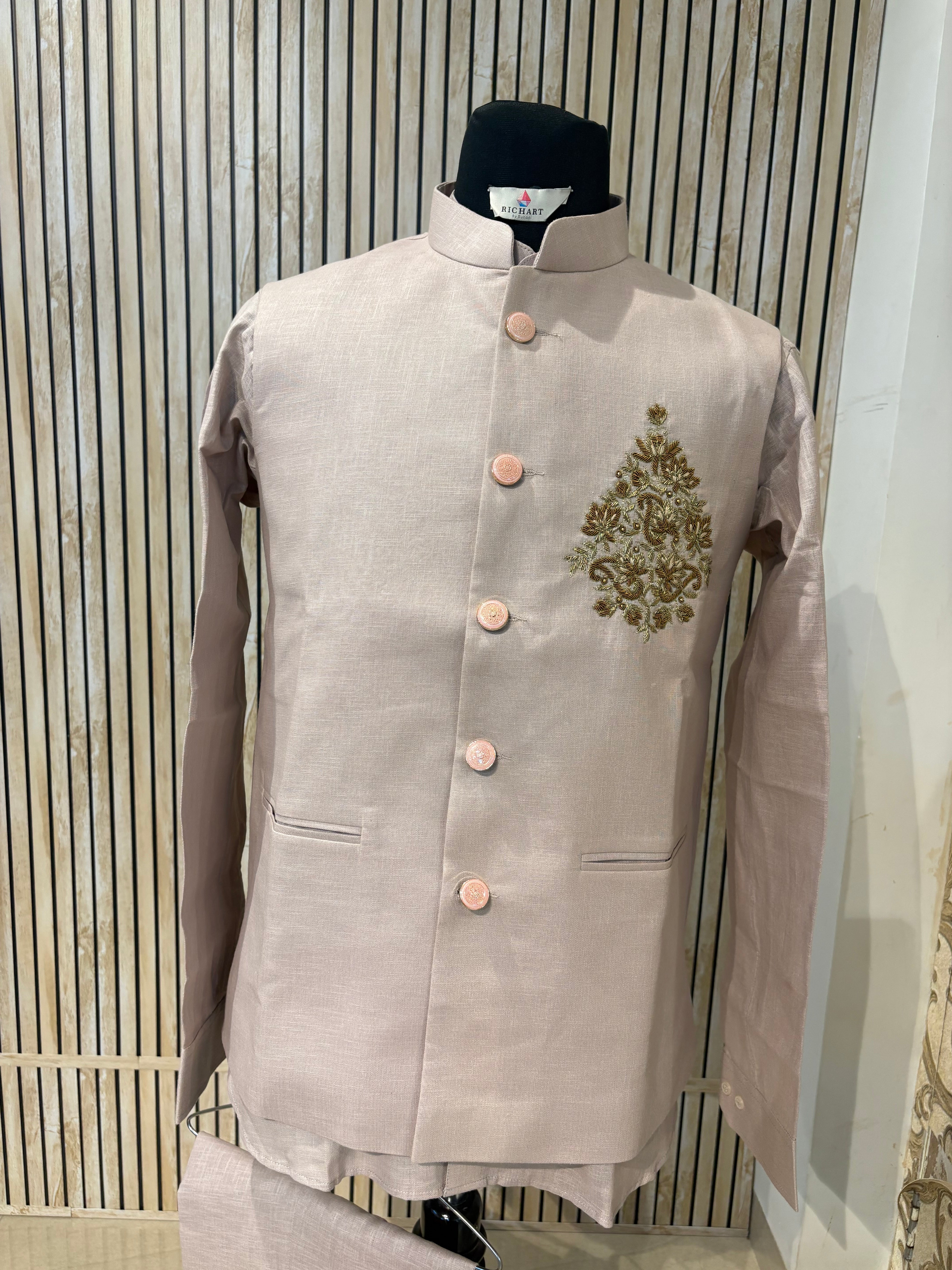 Handwork Linen Nehru Jacket set For Men | Modi Jacket 3 piece set | Indian wedding wear outfits | waistcoat | Shirt pant with jacket