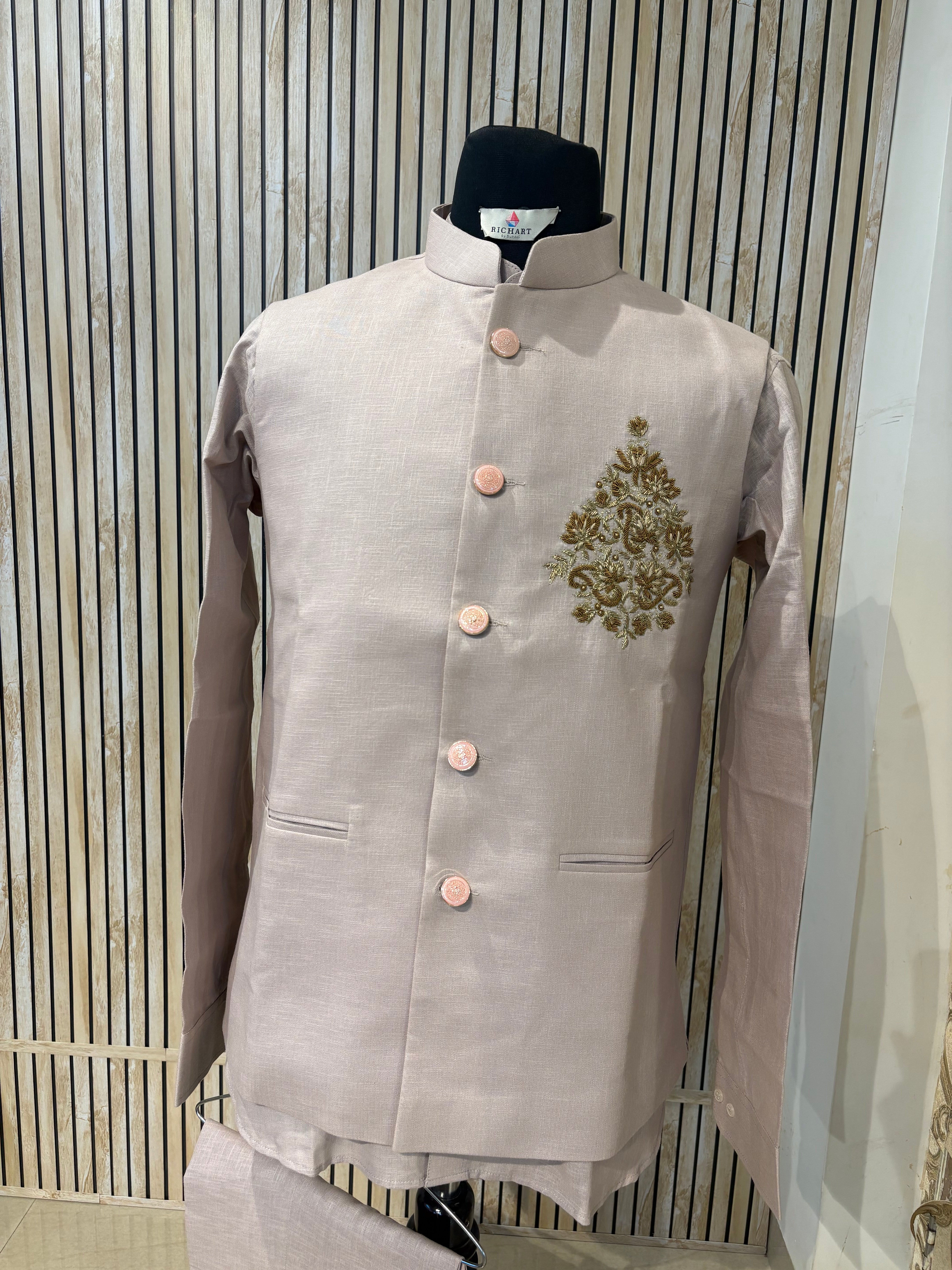 Handwork Linen Nehru Jacket set For Men | Modi Jacket 3 piece set | Indian wedding wear outfits | waistcoat | Shirt pant with jacket