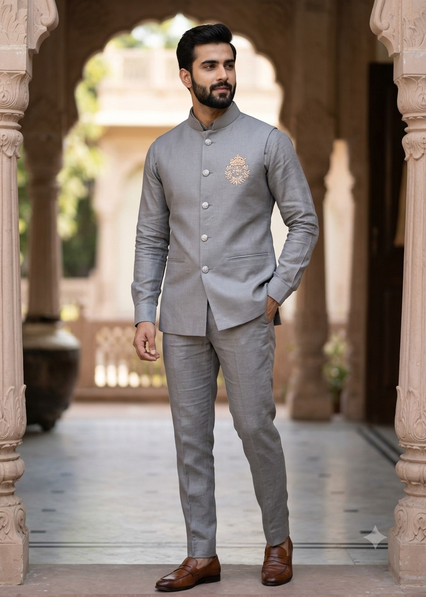 Handwork Linen Nehru Jacket set For Men | Modi Jacket 3 piece set | Indian wedding wear outfits | waistcoat | Shirt pant with jacket