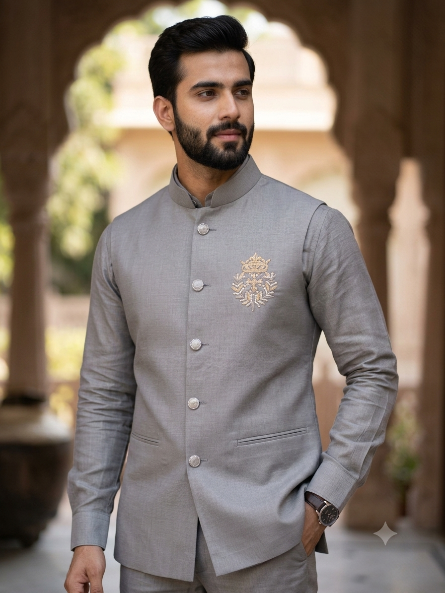 Handwork Linen Nehru Jacket set For Men | Modi Jacket 3 piece set | Indian wedding wear outfits | waistcoat | Shirt pant with jacket