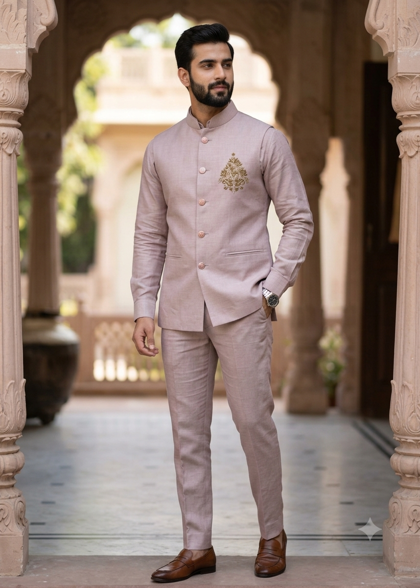 Handwork Linen Nehru Jacket set For Men | Modi Jacket 3 piece set | Indian wedding wear outfits | waistcoat | Shirt pant with jacket