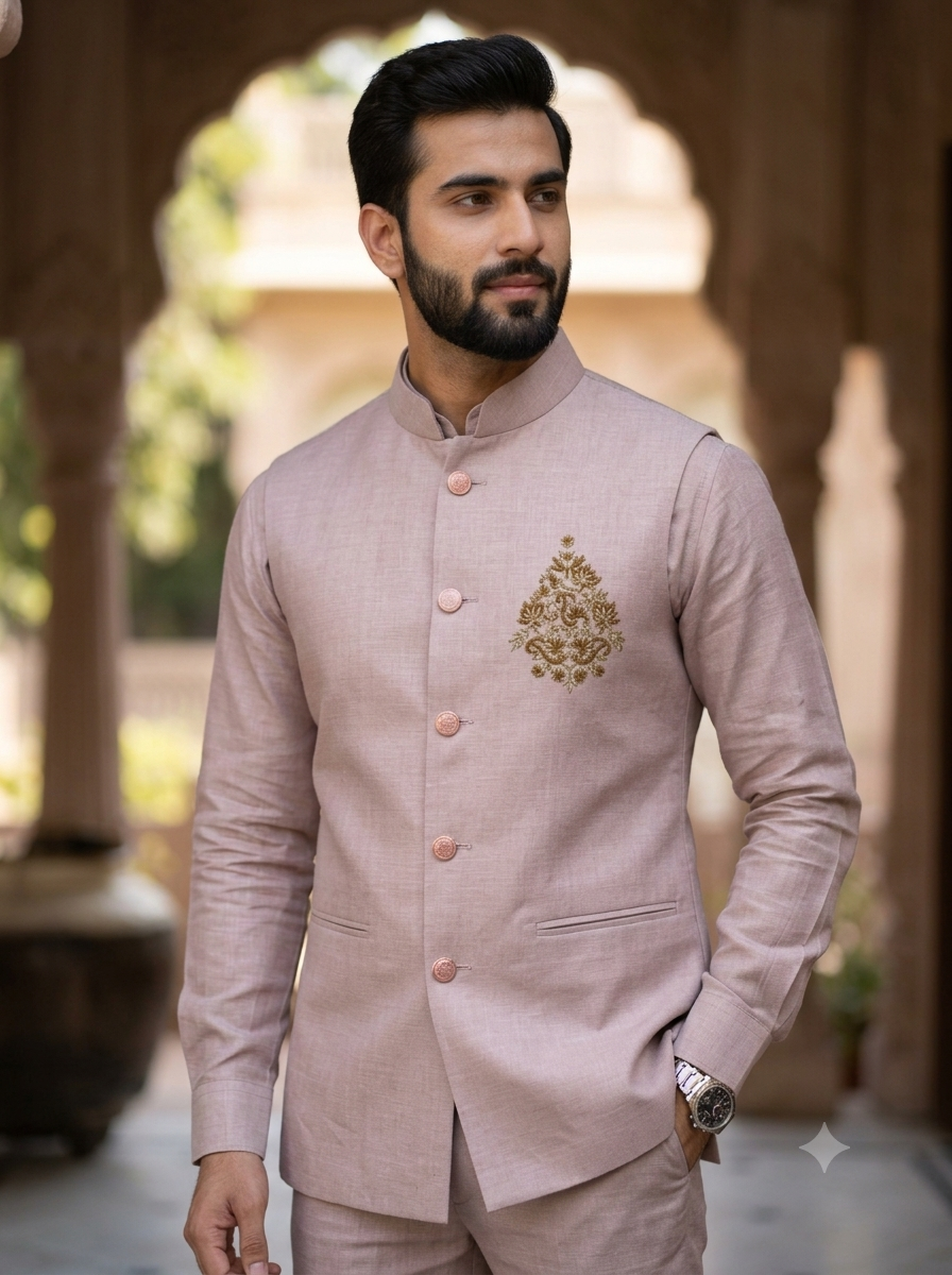 Handwork Linen Nehru Jacket set For Men | Modi Jacket 3 piece set | Indian wedding wear outfits | waistcoat | Shirt pant with jacket