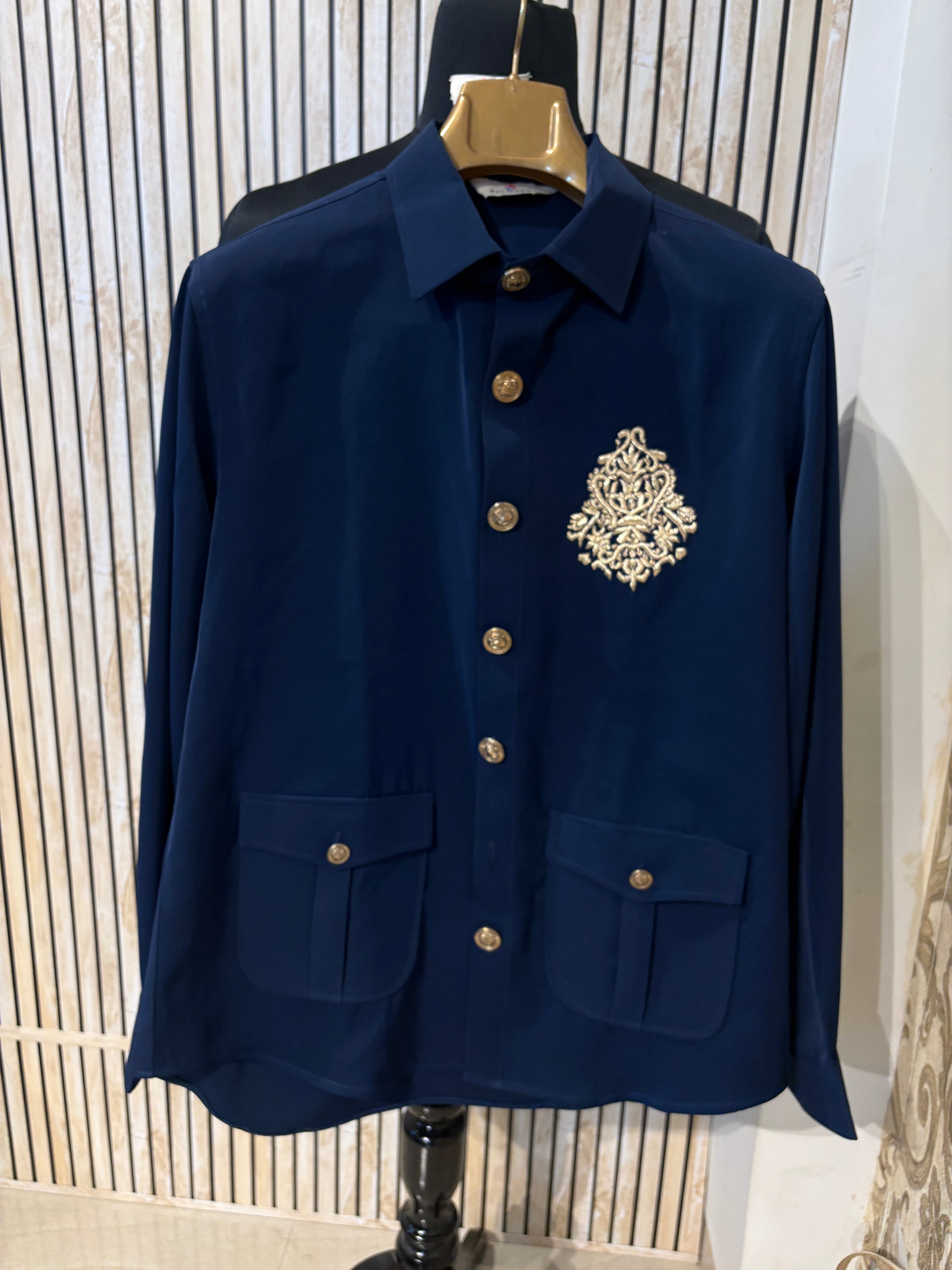 Navy Blue Zardozi Shirt for Men | Lachka Fabric | Structured Nehru-Collar Overshirt | Sangeet, Cocktail, Wedding & Party Wear | RichArt