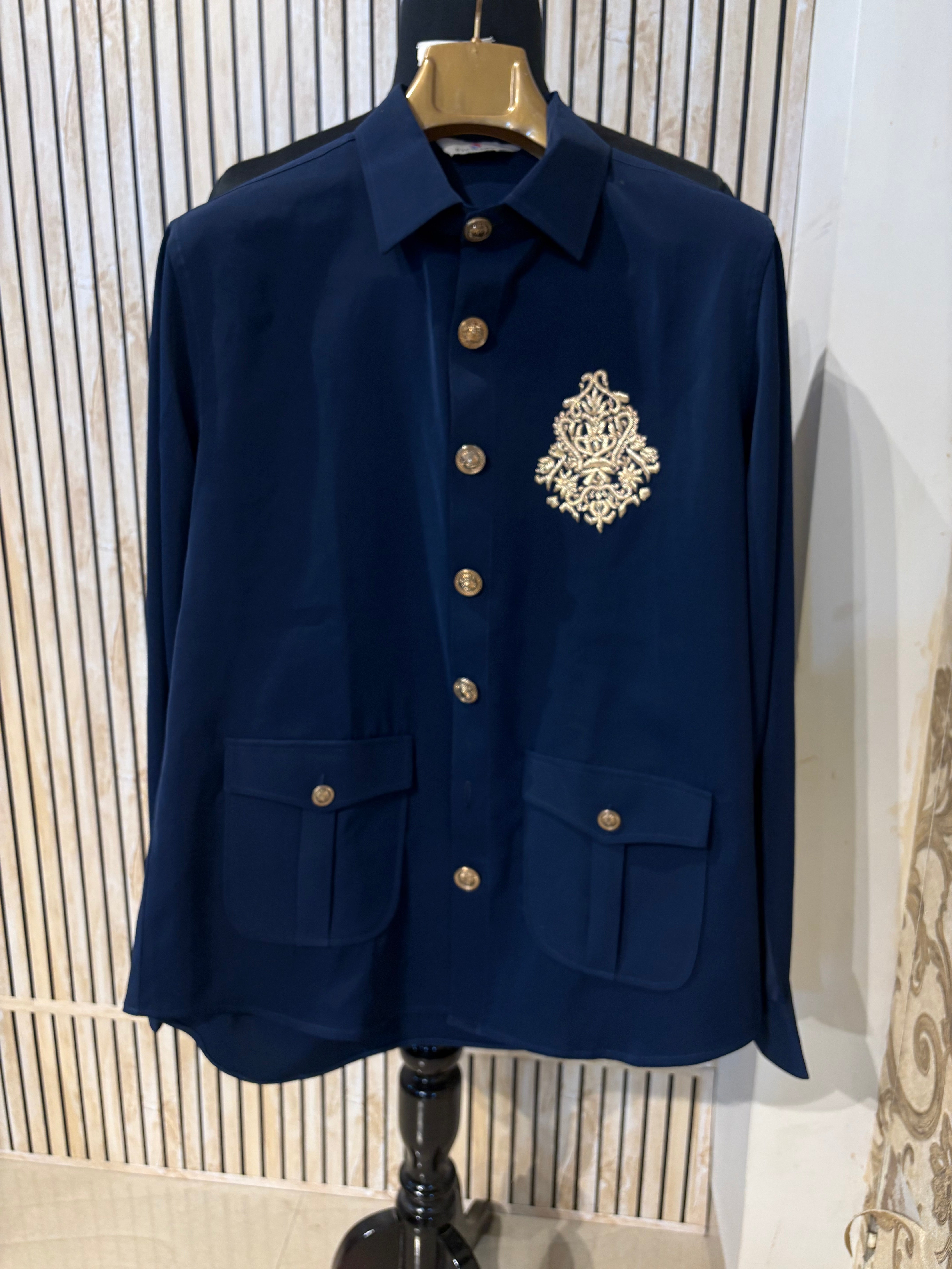 Navy Blue Zardozi Shirt for Men | Lachka Fabric | Structured Nehru-Collar Overshirt | Sangeet, Cocktail, Wedding & Party Wear | RichArt