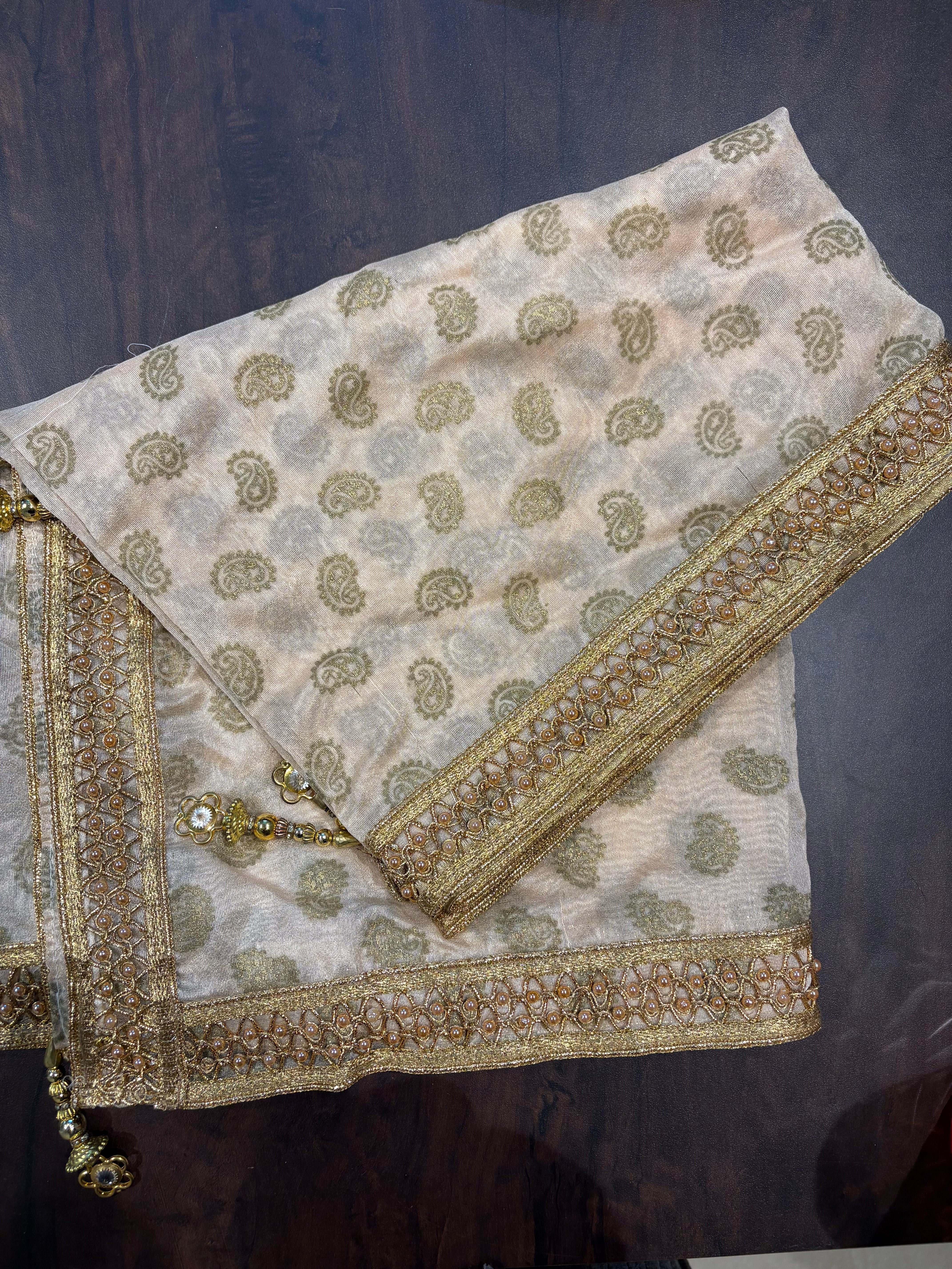 Golden beige Fabric Stole with golden motifs and handcrafted border unisex stole