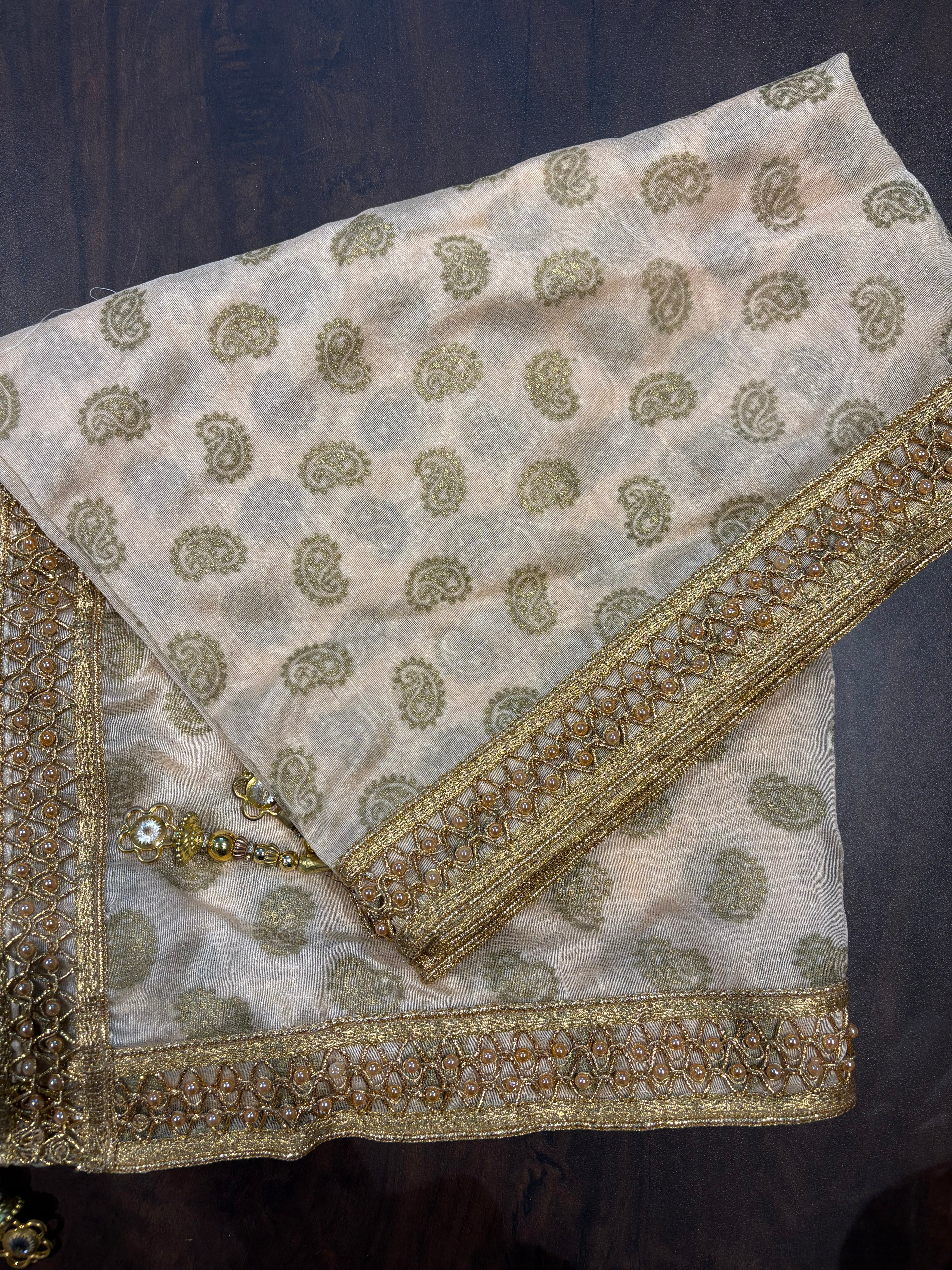 Golden beige Fabric Stole with golden motifs and handcrafted border unisex stole