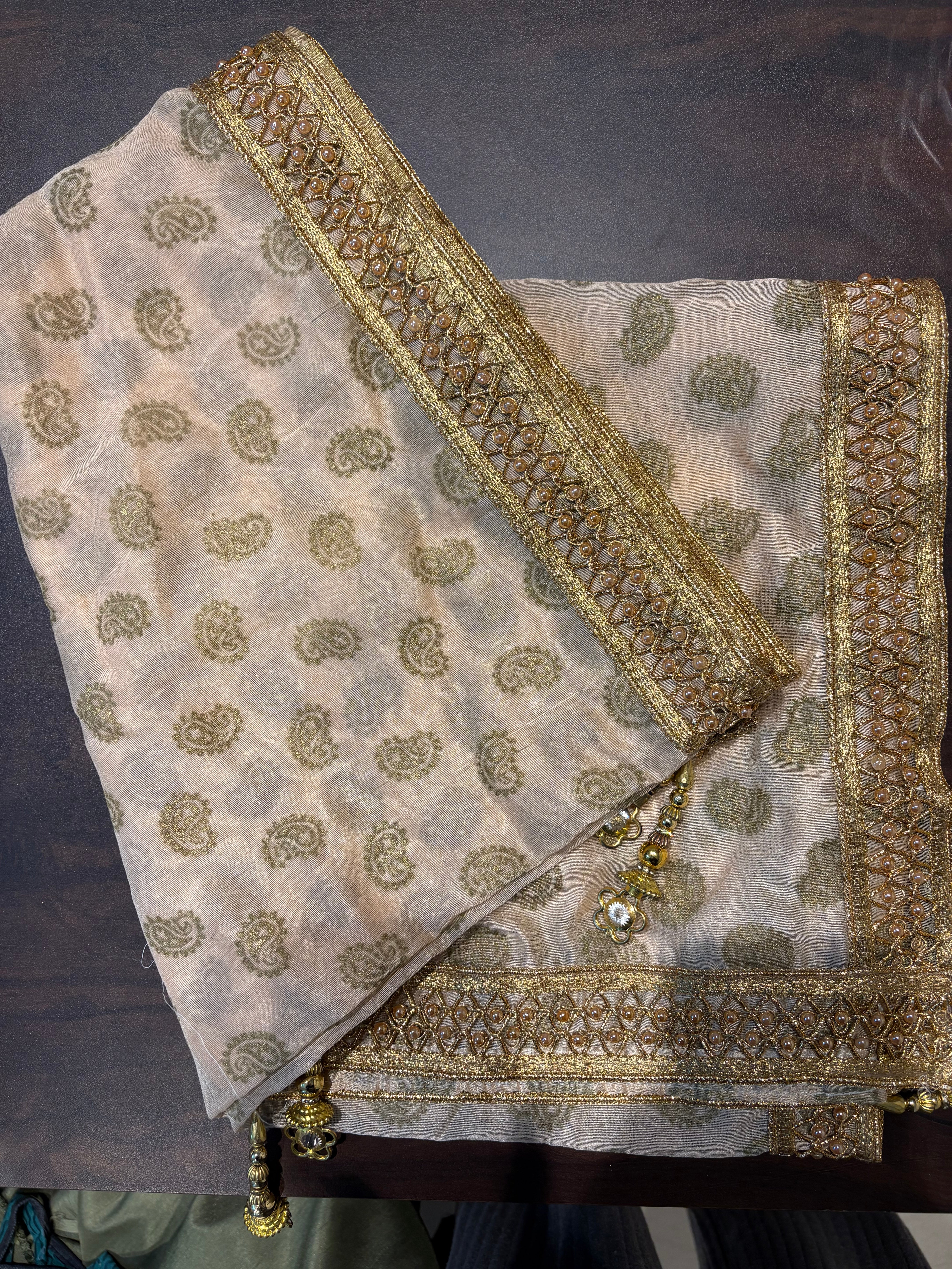 Golden beige Fabric Stole with golden motifs and handcrafted border unisex stole