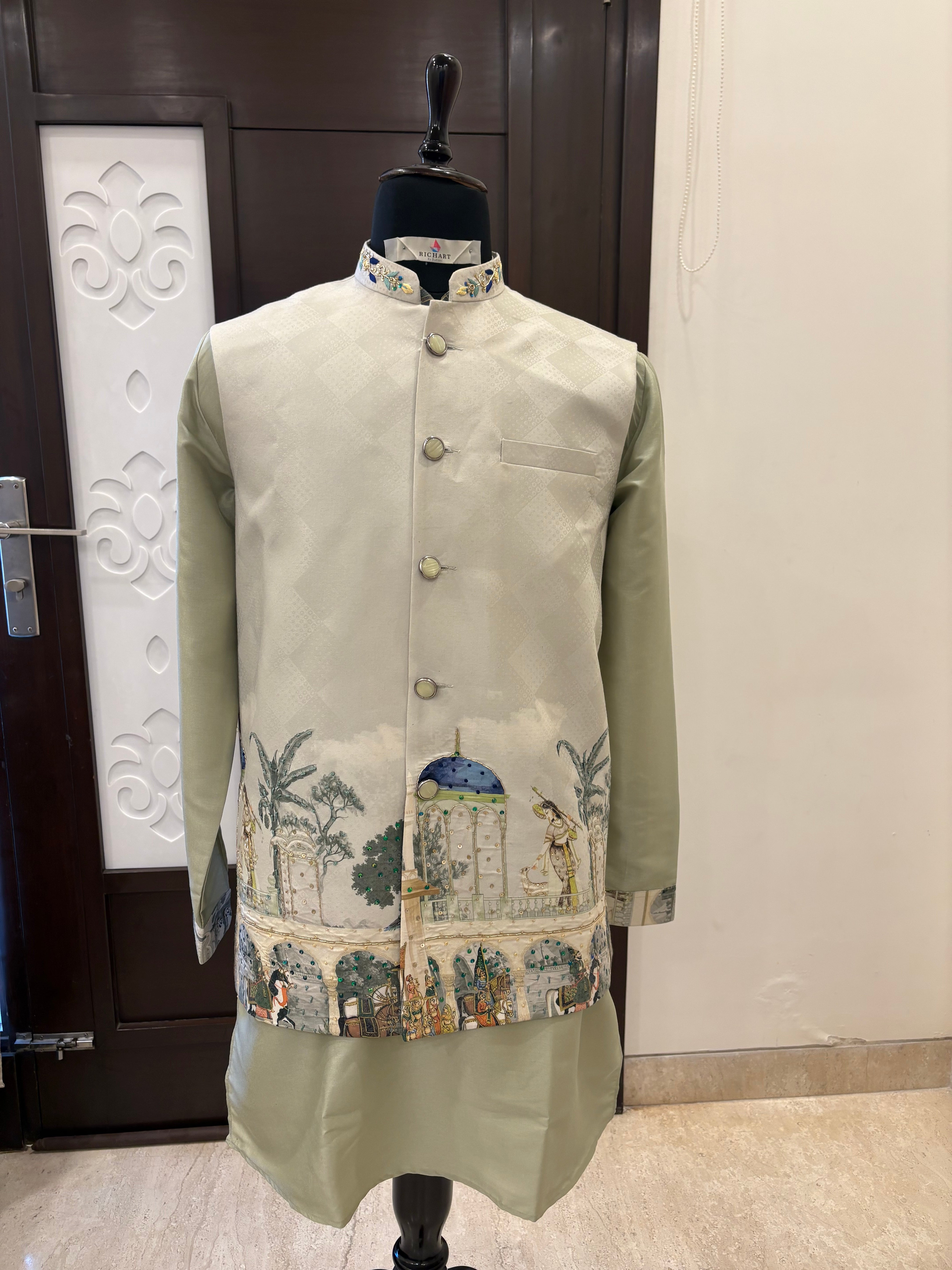 Handwork Nehru Jacket with kurta pyjama set For Men | Modi Jacket 3 piece set | Indian wedding wear outfits | waistcoat | kurta pant with jacket