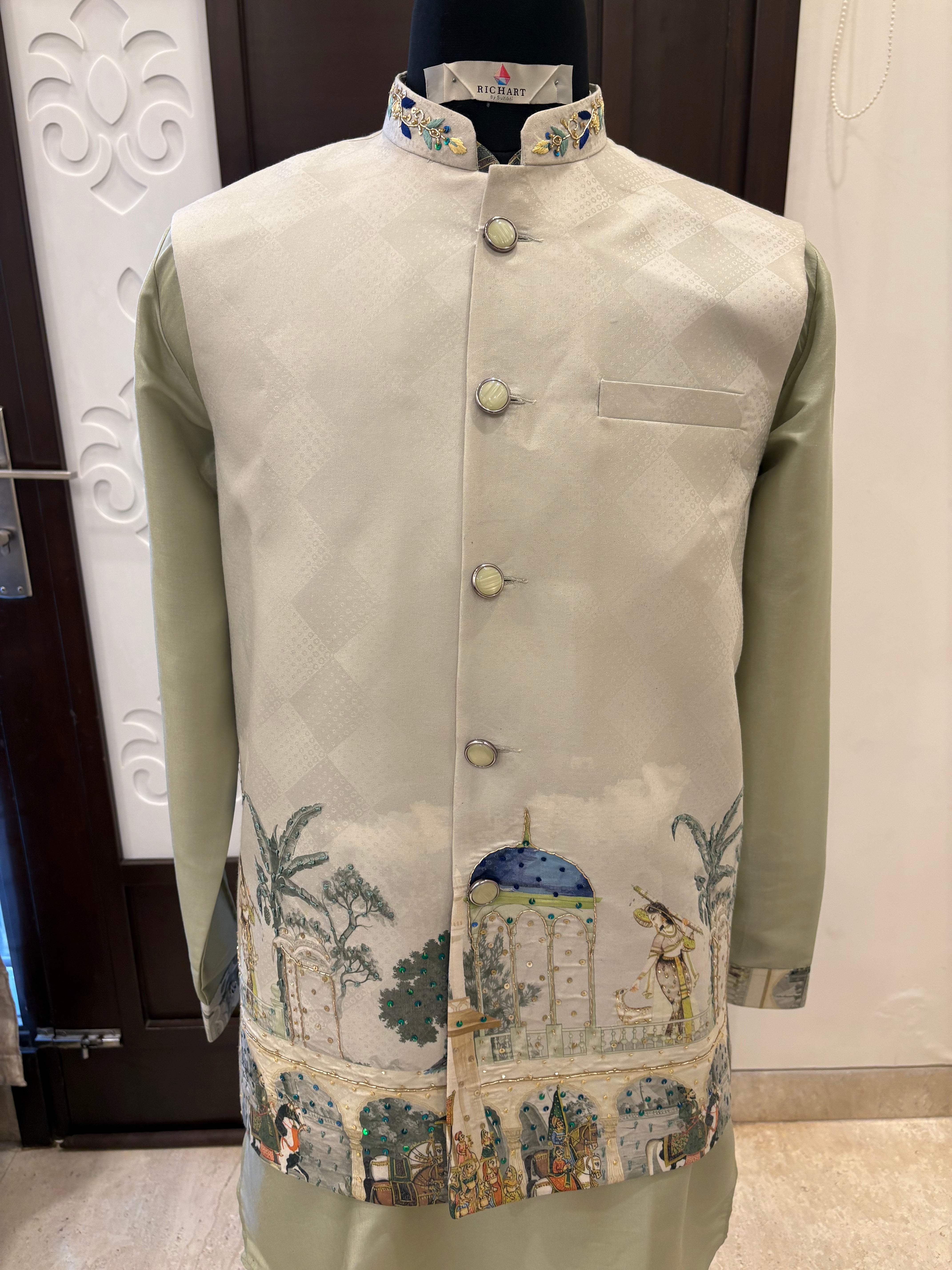 Handwork Nehru Jacket with kurta pyjama set For Men | Modi Jacket 3 piece set | Indian wedding wear outfits | waistcoat | kurta pant with jacket