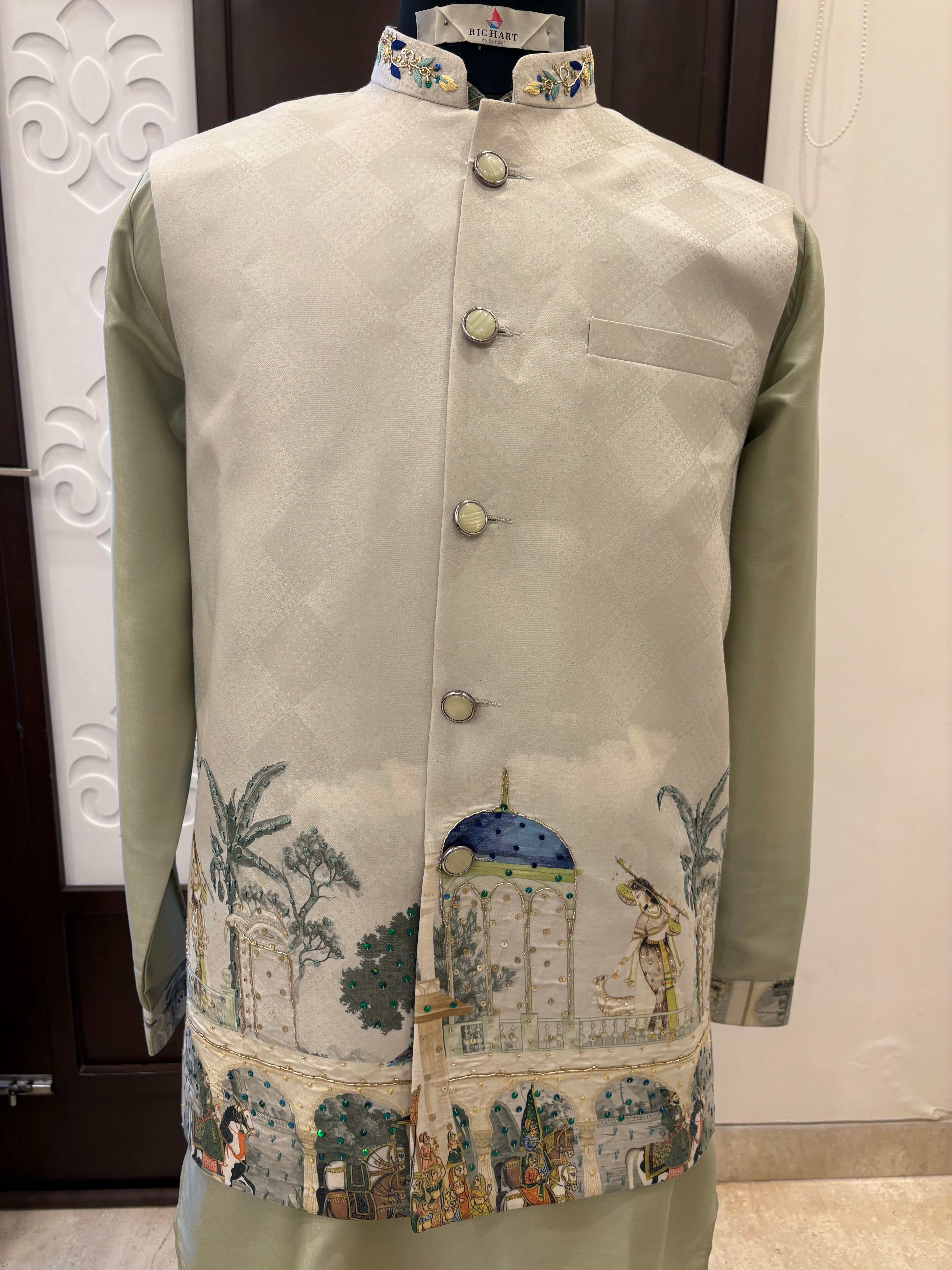 Handwork Nehru Jacket with kurta pyjama set For Men | Modi Jacket 3 piece set | Indian wedding wear outfits | waistcoat | kurta pant with jacket