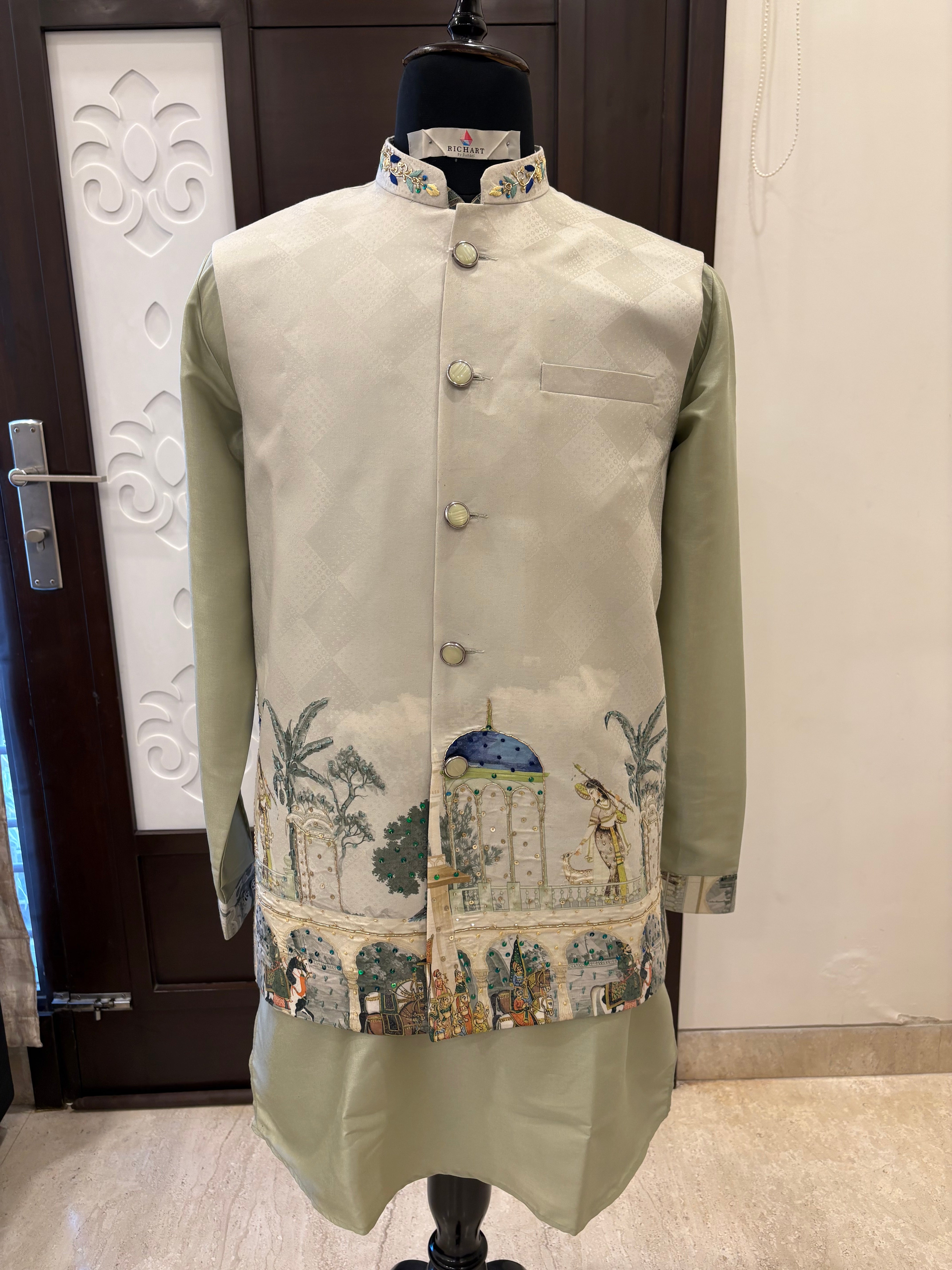 Handwork Nehru Jacket with kurta pyjama set For Men | Modi Jacket 3 piece set | Indian wedding wear outfits | waistcoat | kurta pant with jacket