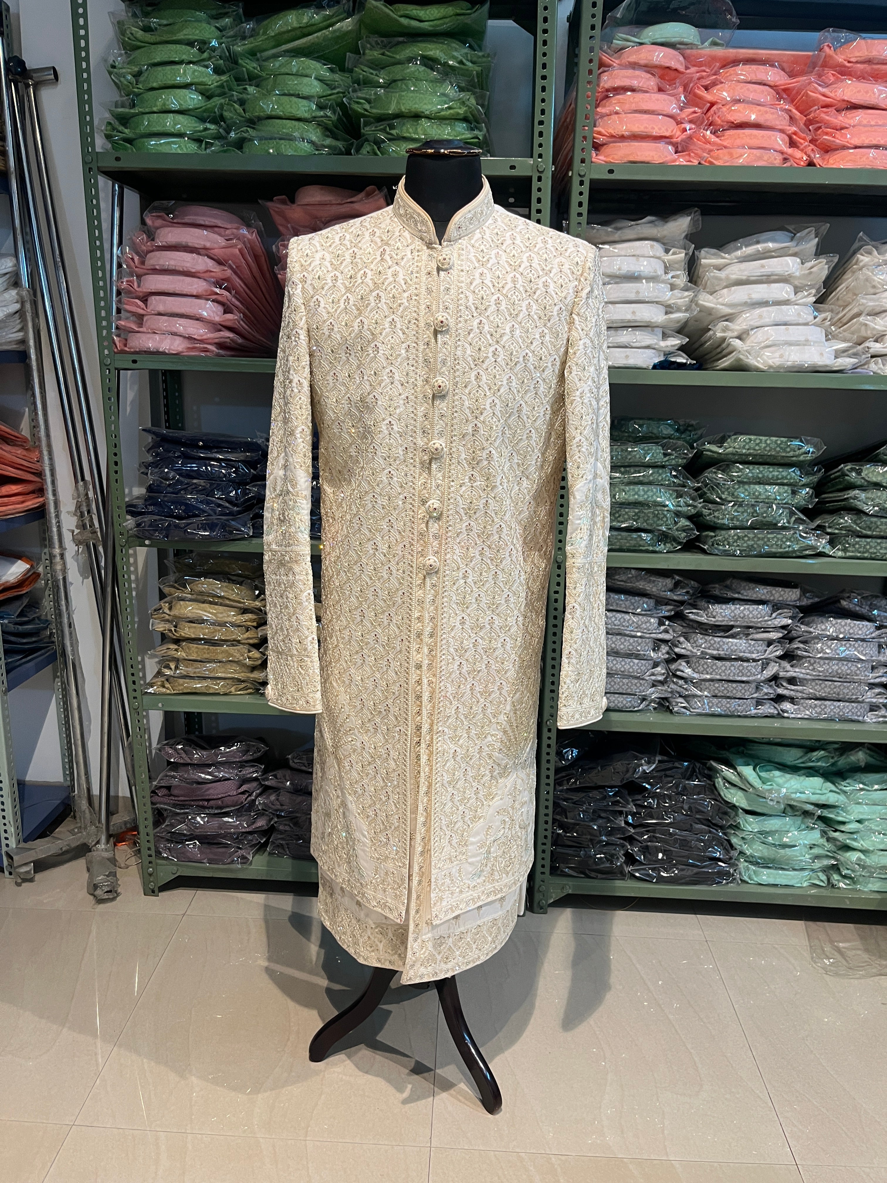 Ivory Sherwani With Handwork And Zari Embroidery