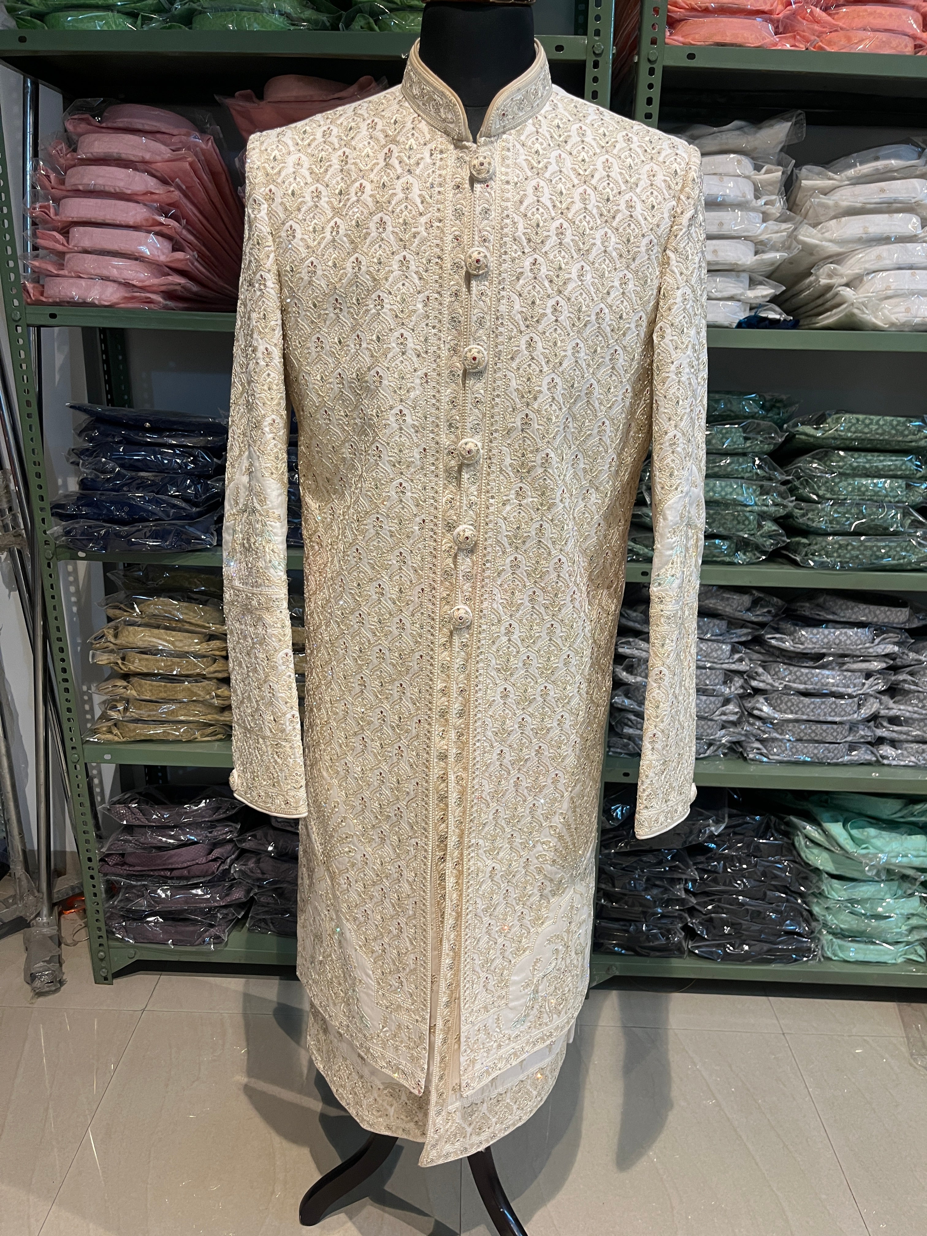 Ivory Sherwani With Handwork And Zari Embroidery