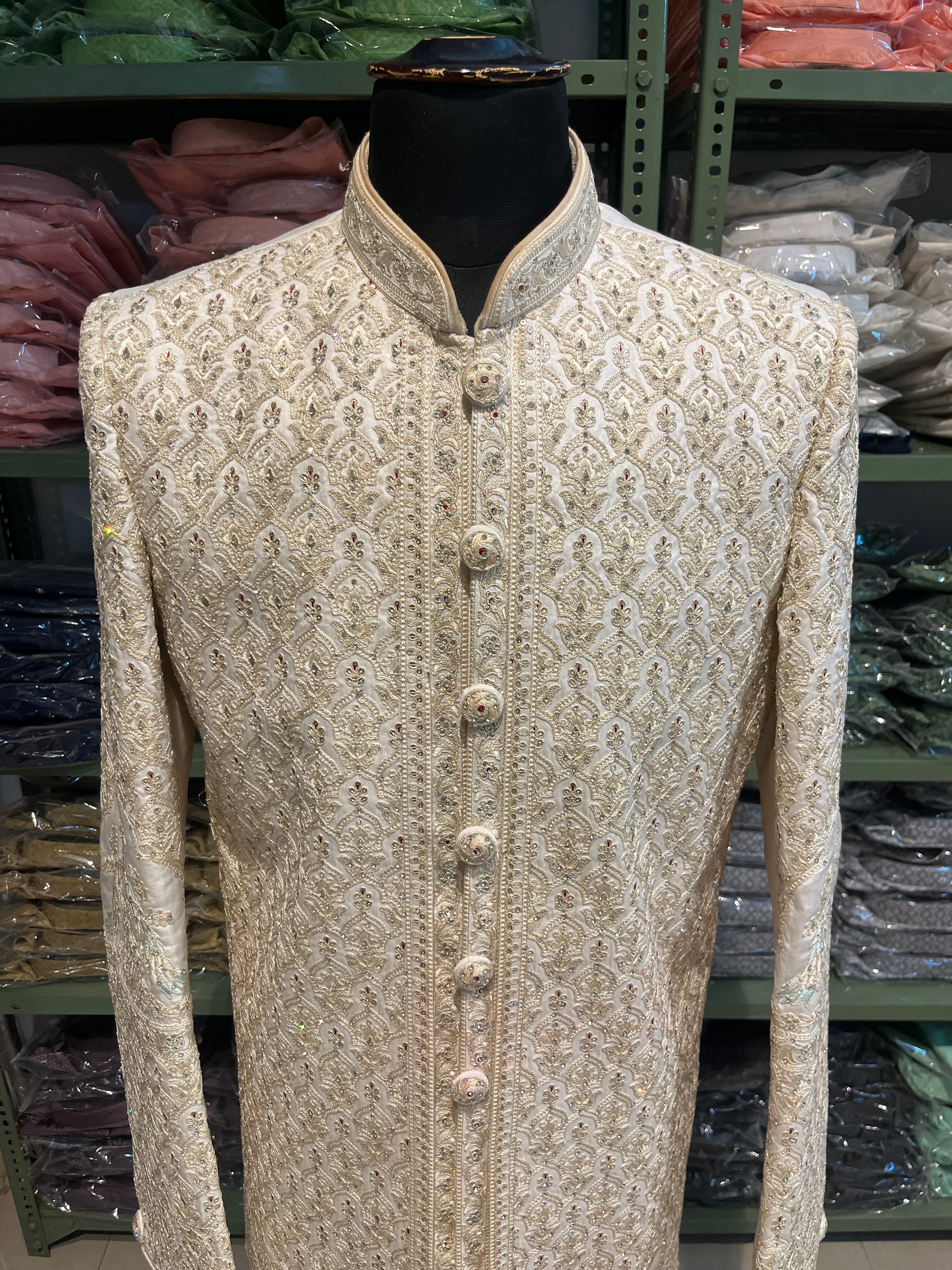 Ivory Sherwani With Handwork And Zari Embroidery