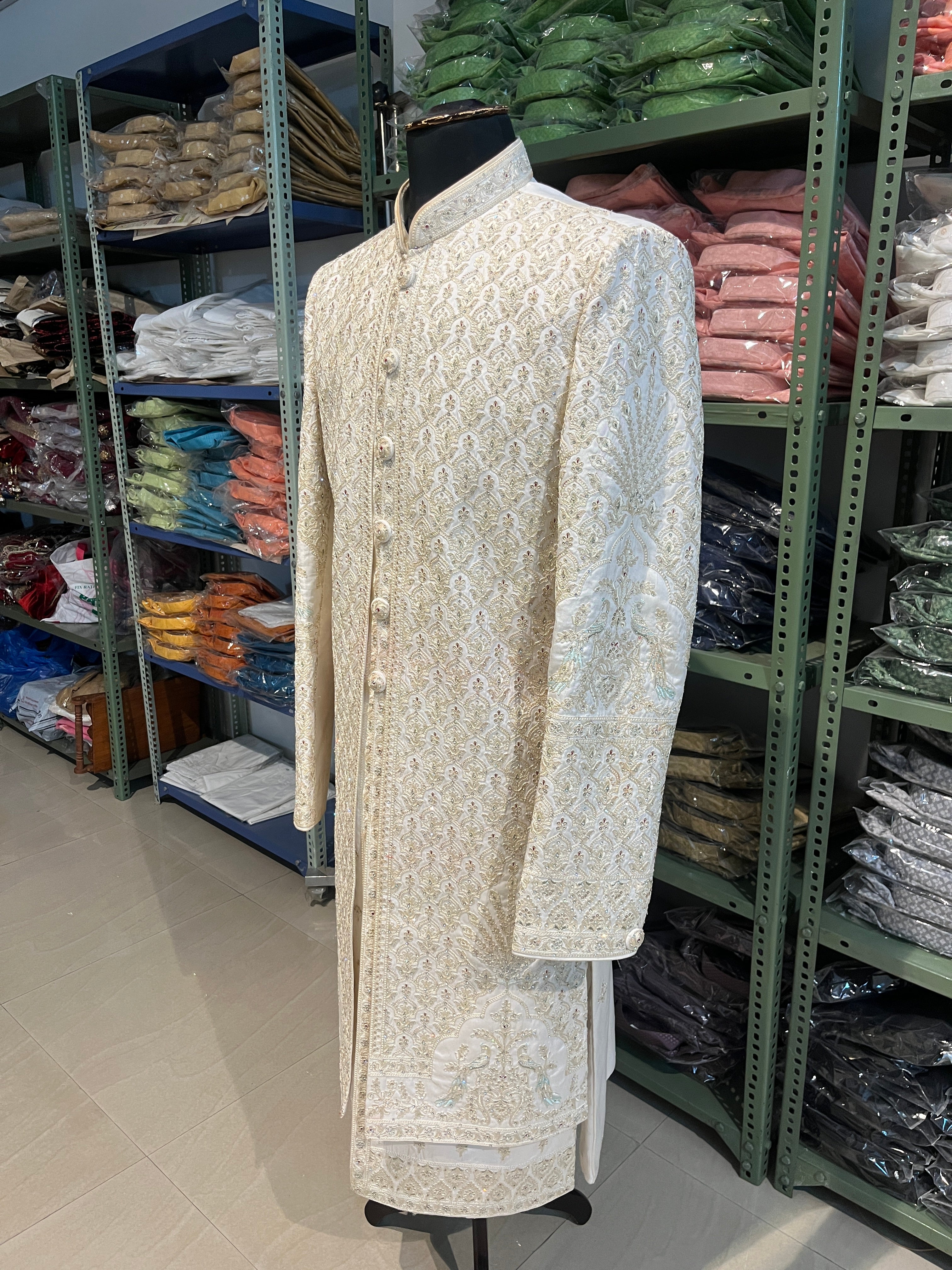 Ivory Sherwani With Handwork And Zari Embroidery