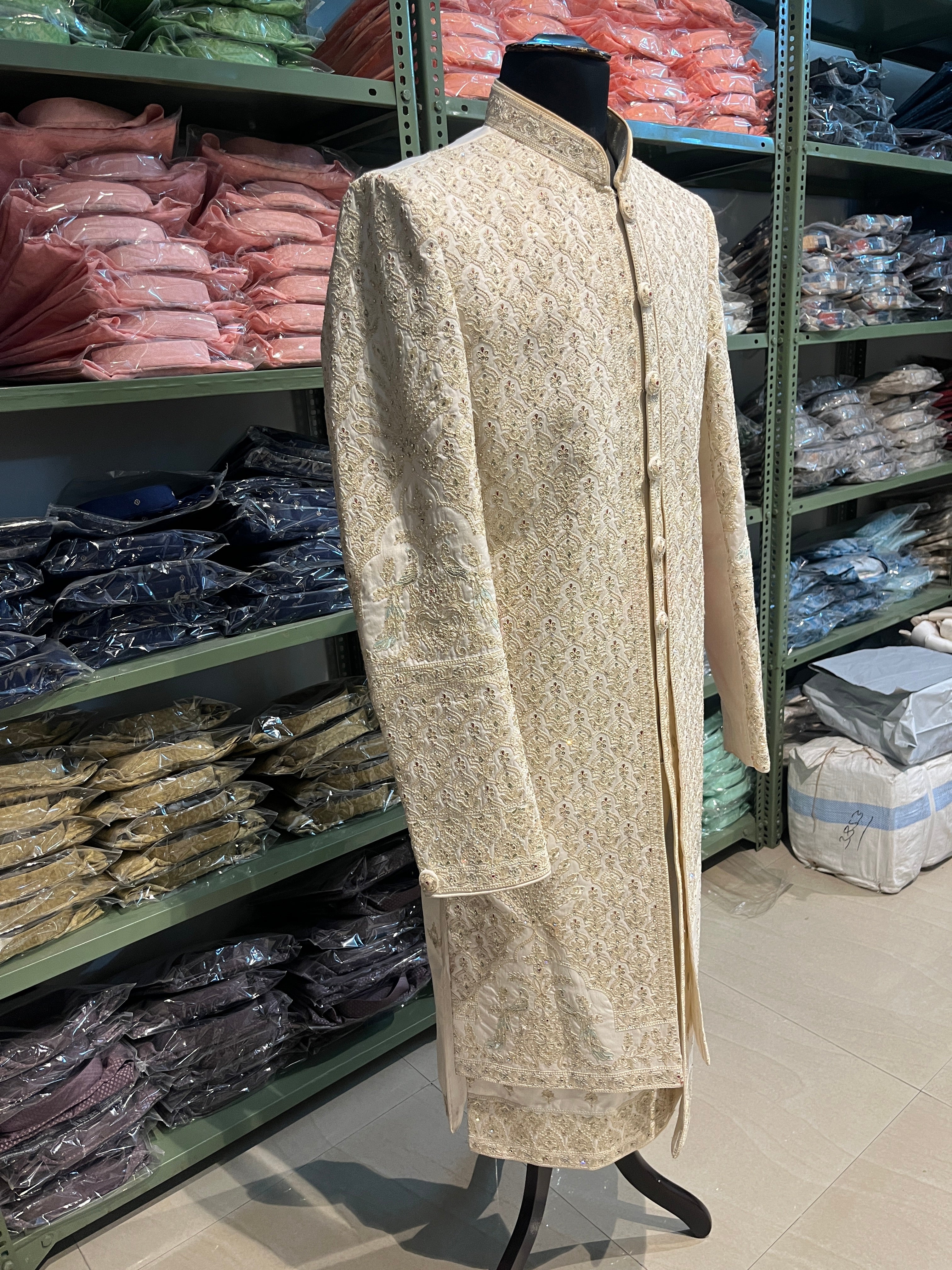 Ivory Sherwani With Handwork And Zari Embroidery