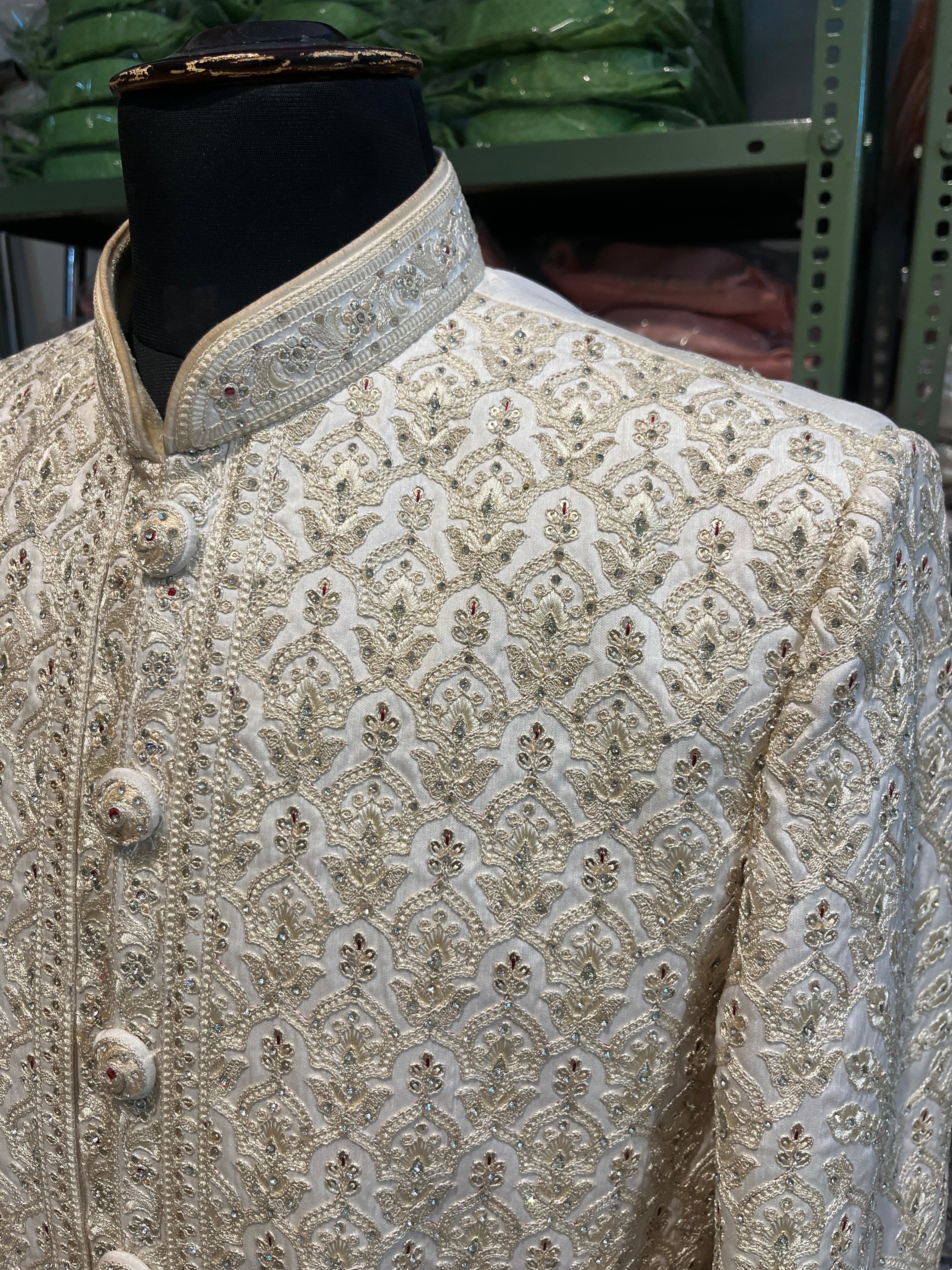 Ivory Sherwani With Handwork And Zari Embroidery