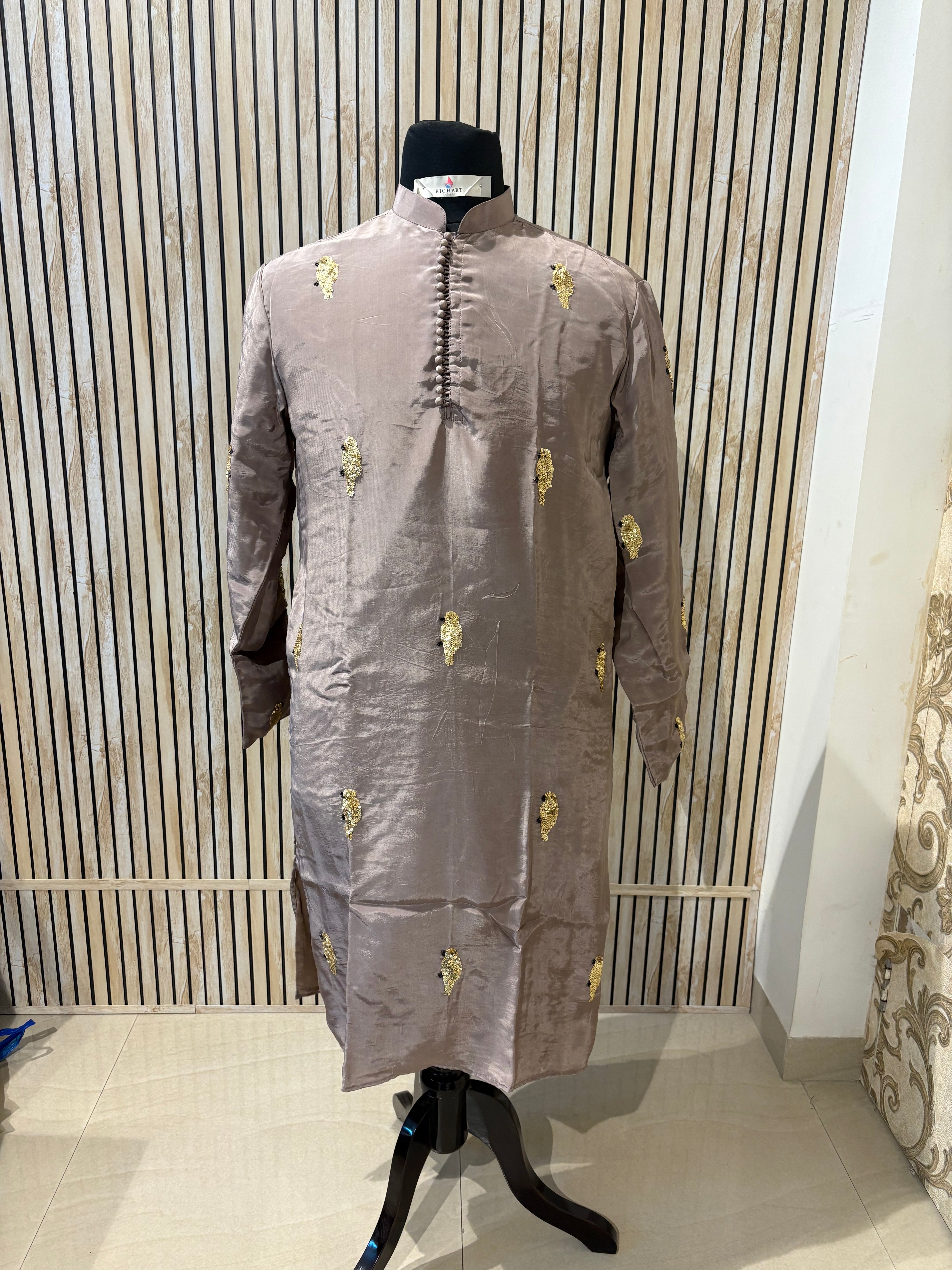 Beige Handwork sequence Mens Kurta & Pants Set | Festive Outfit for men | Groom or Groomsmen outfit