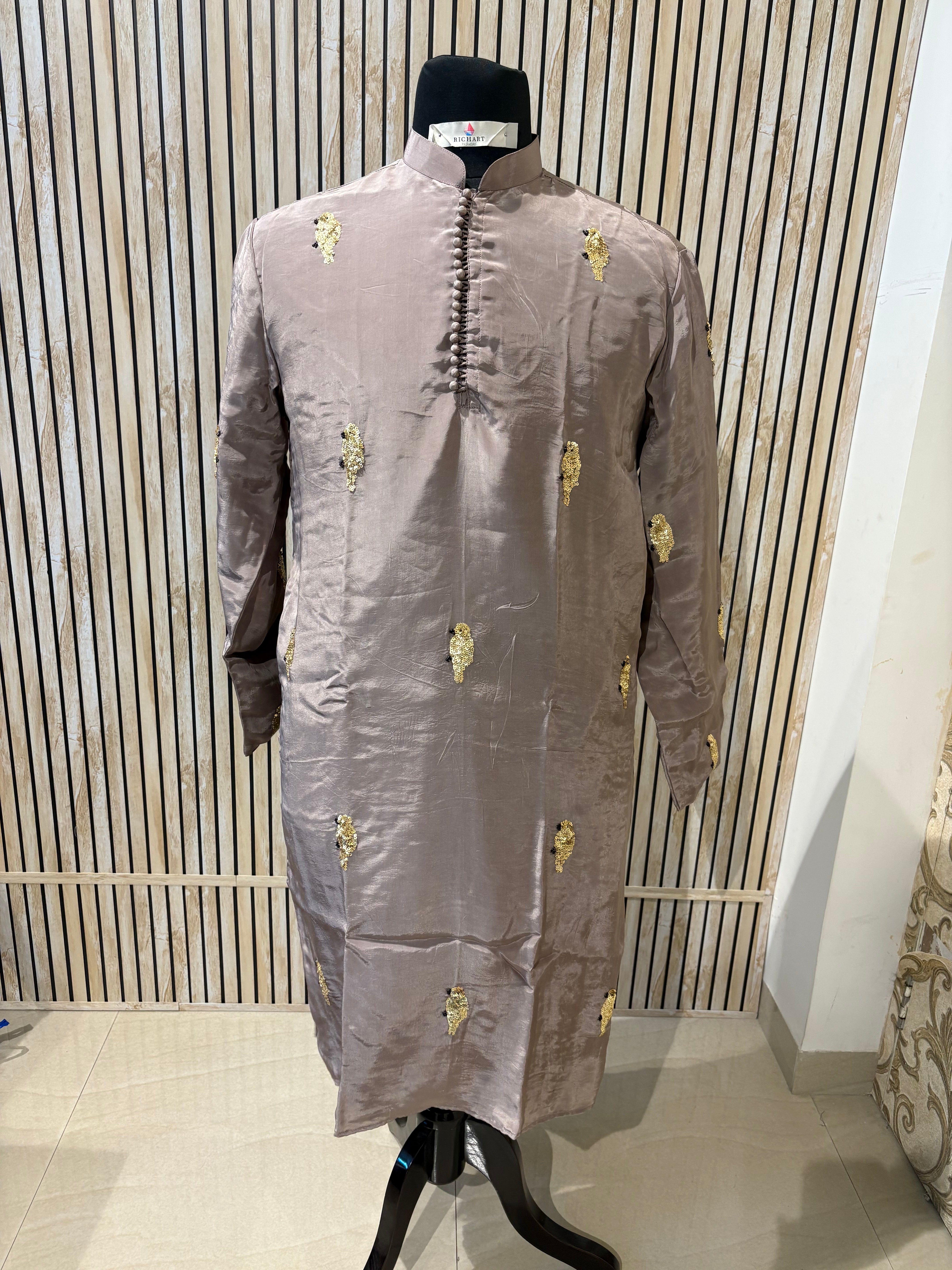 Beige Handwork sequence Mens Kurta & Pants Set | Festive Outfit for men | Groom or Groomsmen outfit