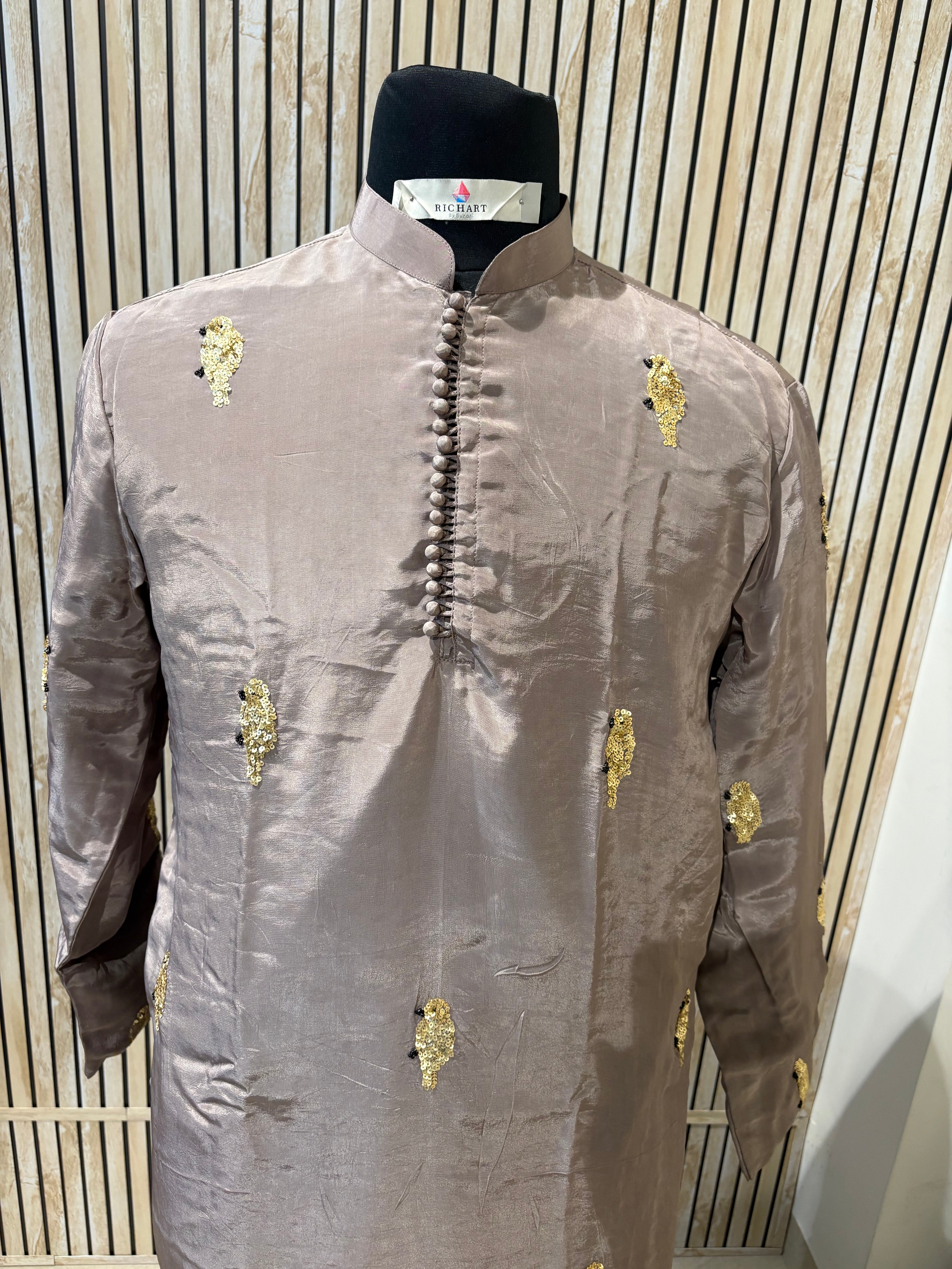 Beige Handwork sequence Mens Kurta & Pants Set | Festive Outfit for men | Groom or Groomsmen outfit