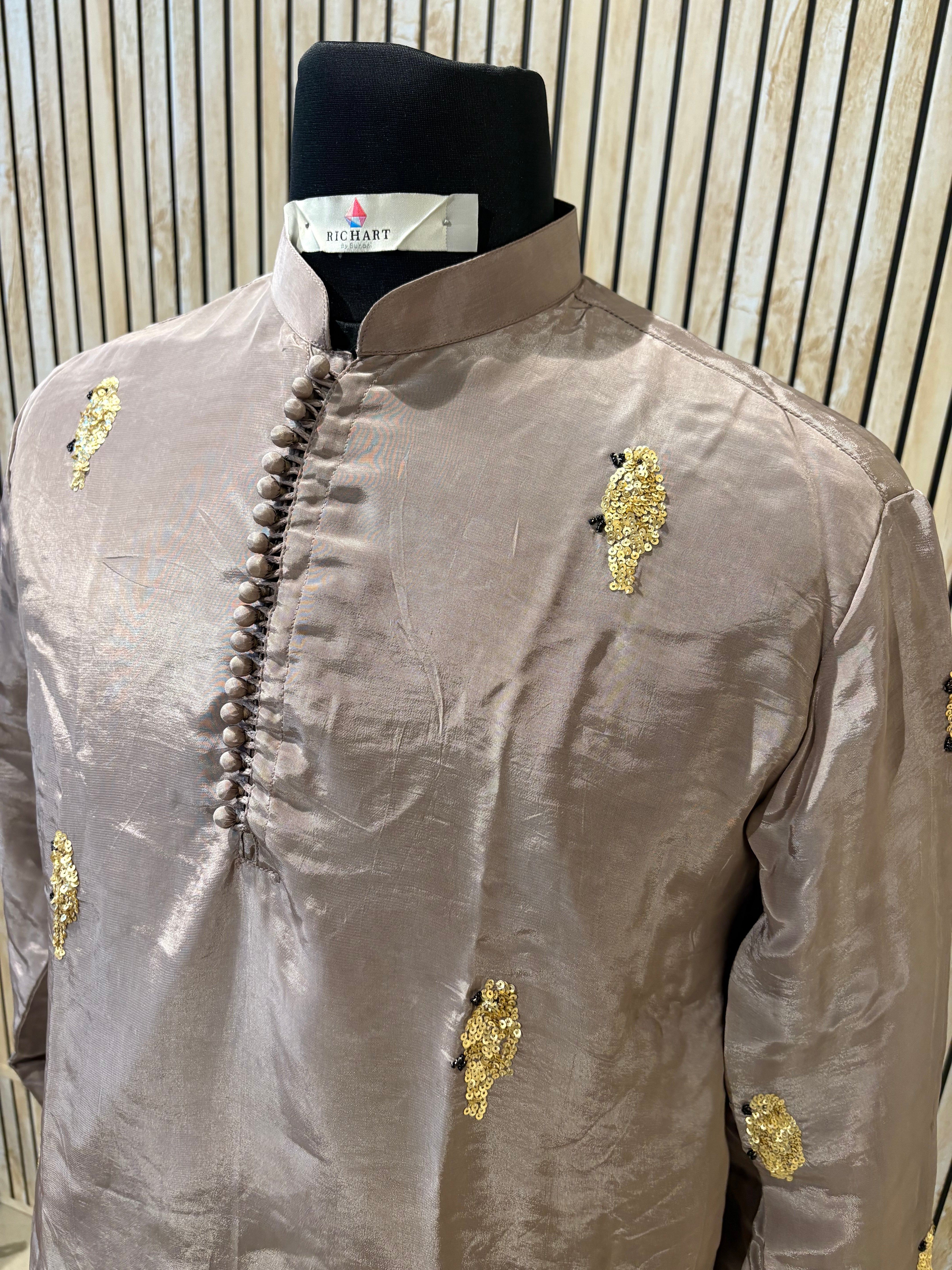 Beige Handwork sequence Mens Kurta & Pants Set | Festive Outfit for men | Groom or Groomsmen outfit